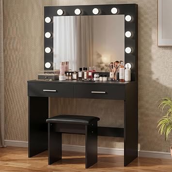 Dressing Table Set with Hollywood LED Lights Mirror, Vanity Makeup Table 2 Large Drawers and Stool Black
