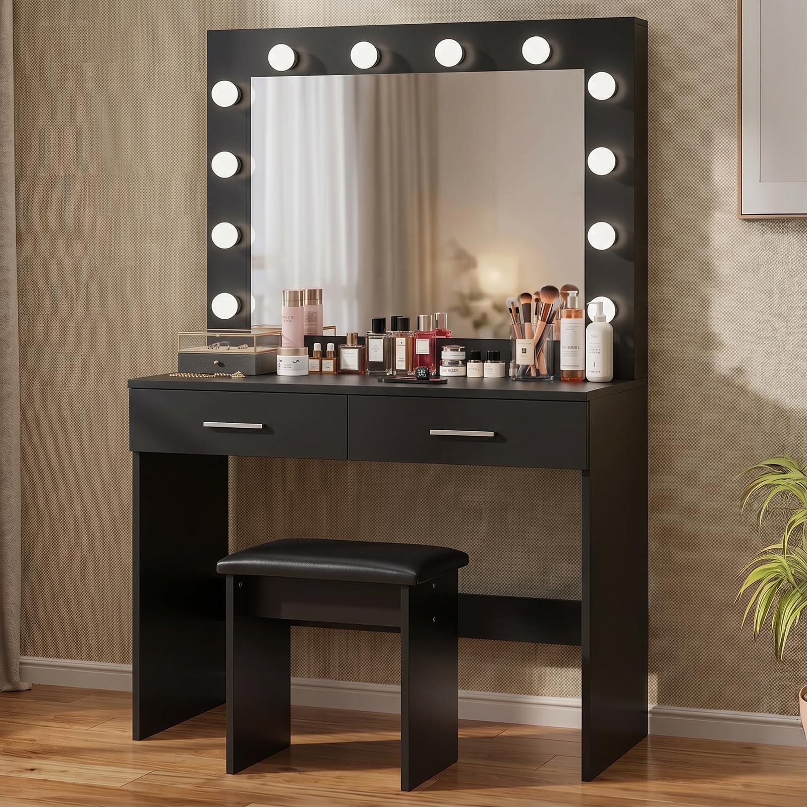 Dressing Table Set with Hollywood LED Lights Mirror, Vanity Makeup Table 2 Large Drawers and Stool (Black)