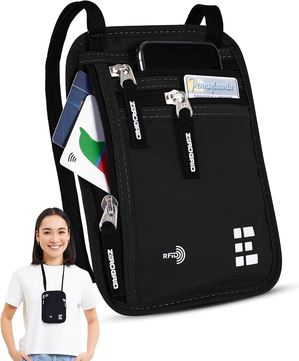 Miniatura 9 de Cartera de viaje para cuello con bloqueo RFID, bolsa de viaje para pasaporte para mujeres y hombres, mantiene los objetos de valor seguros para