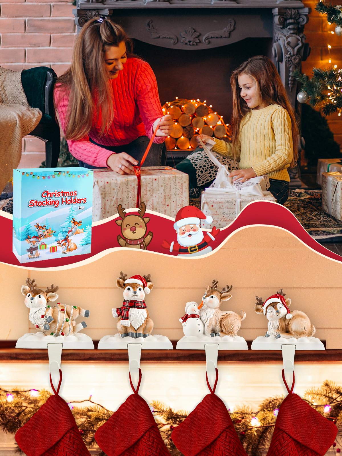 Kalolary Perchas para Calcetines Navideños para Chimenea, 4 Piezas Colgadores de Calcetines de Alce de Navidad Soportes para Medias Navideñas Chimenea Antideslizante para Decoración Navideña Hogar