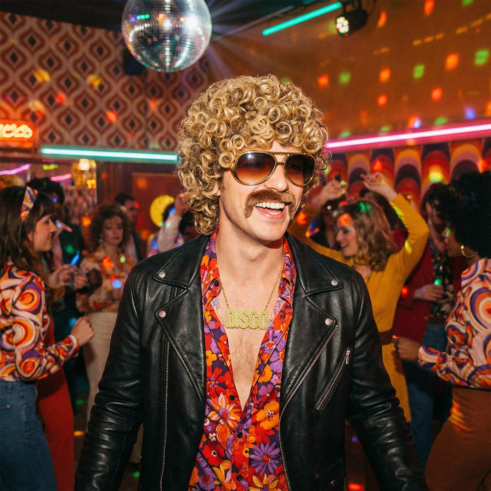 5-częściowy zestaw męskich peruk z łańcuszkiem, brodą i okularami w stylu lat 70-tych i 80. Disco Dude Dirt Bag, peruka hipisowska, kostium w stylu hipisowskim, akcesoria na karnawał, cosplay i