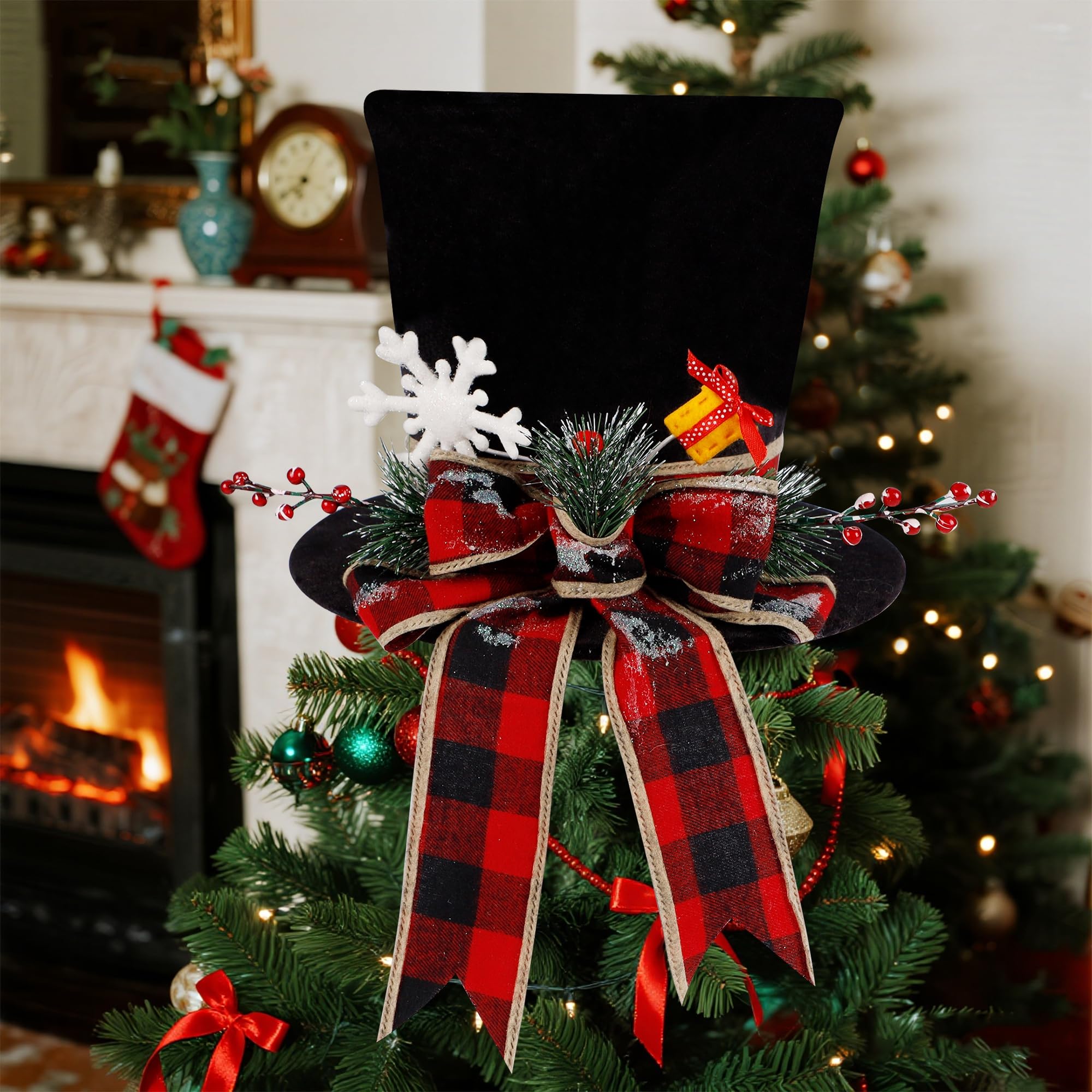 yofit Chapeau de Sapin de Noël, Chapeau en Velours Noir avec nœud à Carreaux Rouges et Flocons de Neige, décoration de Sapin de Noël, décoration de Bureau pour la Maison, Les Vacances, la décoration