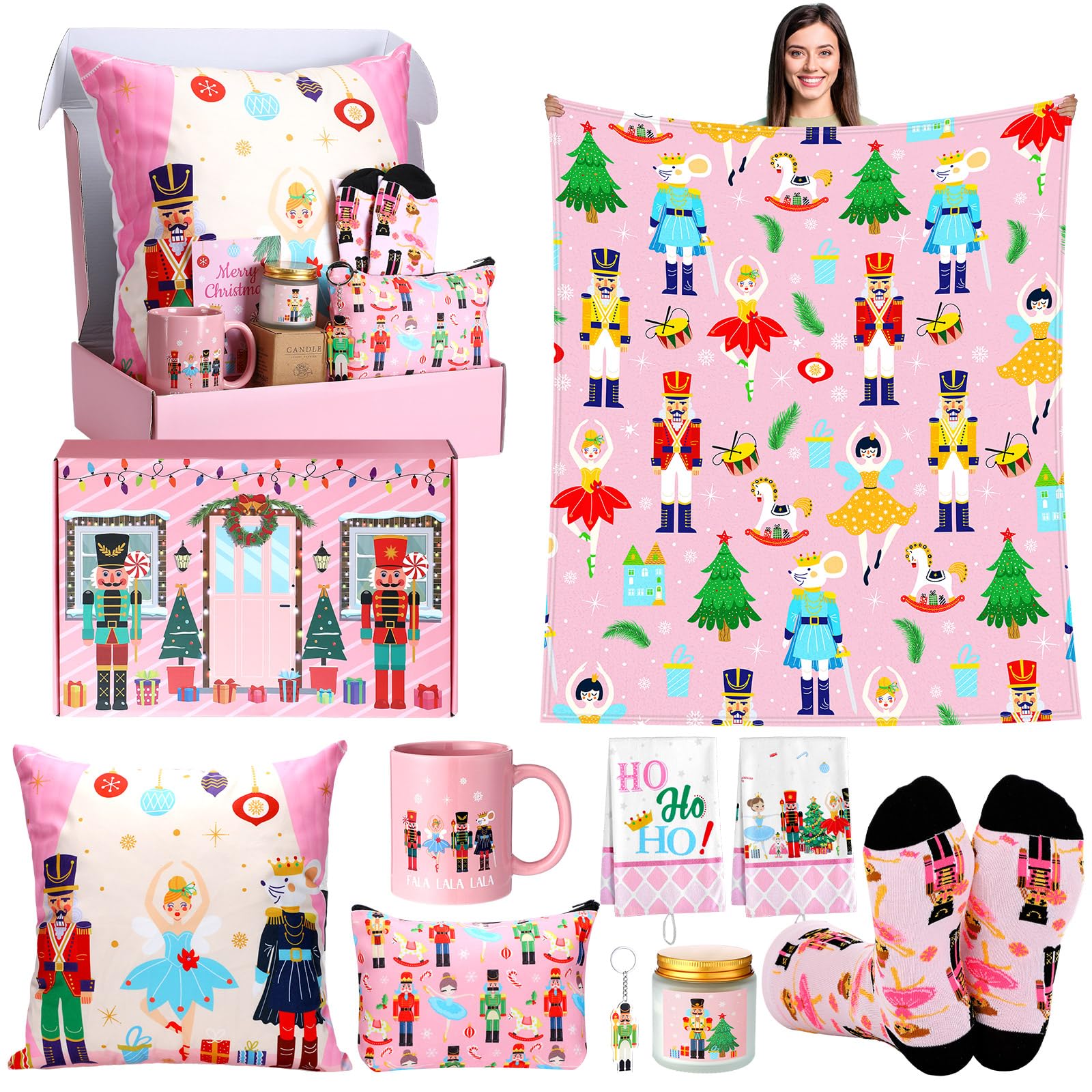 Geyoga 10 Pcs Pink Nutcracker Gifts Set Christmas Nutcracker Ballet Gifts Christmas Soldier Fairy Prince Mouse Gift Basket Nutcracker Stuff for Women Friend Wife Lover