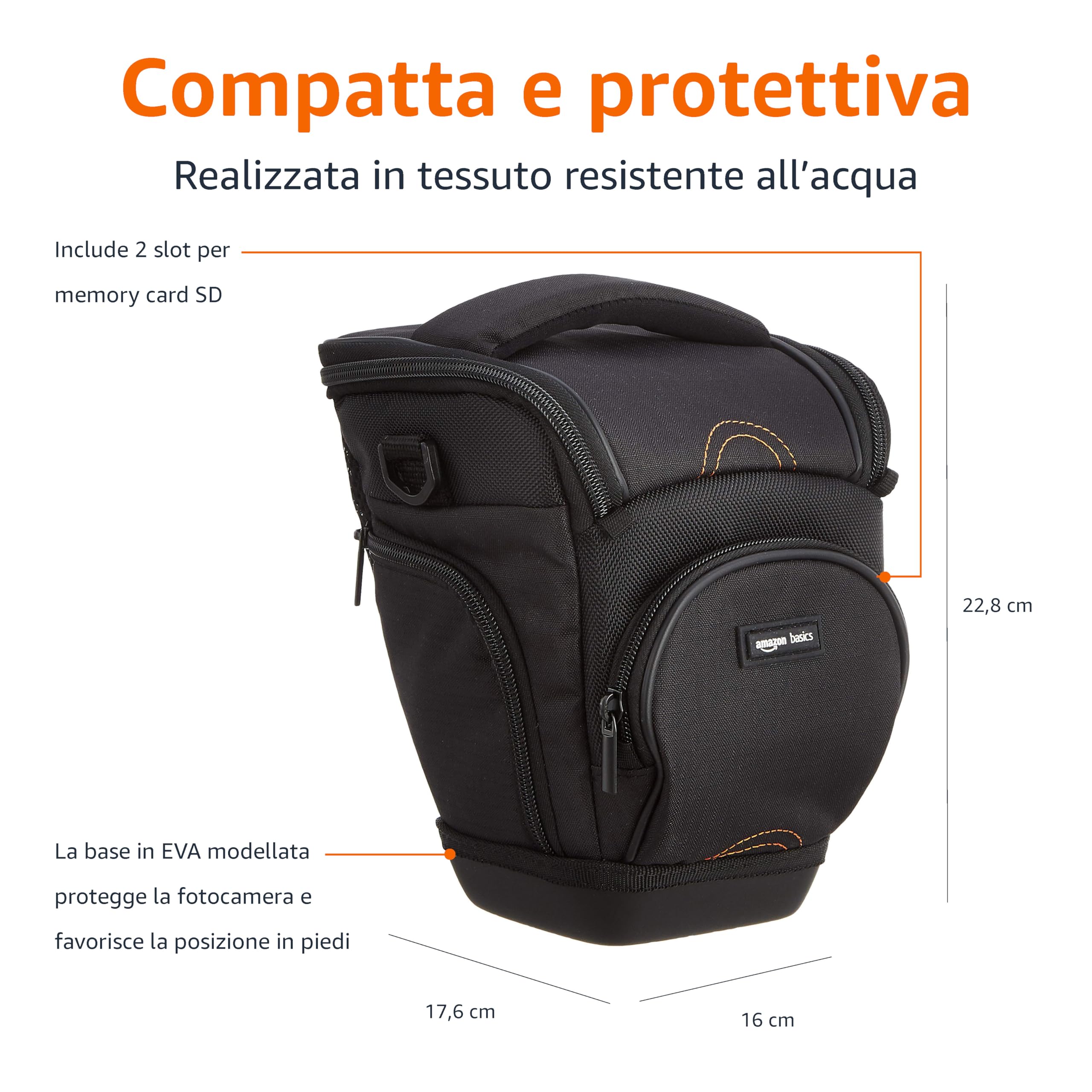 Amazon Basics Borsa a Stile Fondina per Corpo Fotocamera SLR ed Obiettivo, Tracolla Staccabile, Impermeabile, Antishock, Imbottita, Tasca per Accessori - Nero, Tinta unita