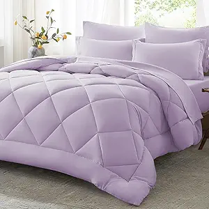Anluoer Queen Comforter Set,Lavender Bed in a Bag 7 Piece,Lightweight Bedding Set with Soft Down Alternative Fill,Bed Set Includes Comforter, Fitted Sheet, Flat Sheet,Pillowcases and Shams