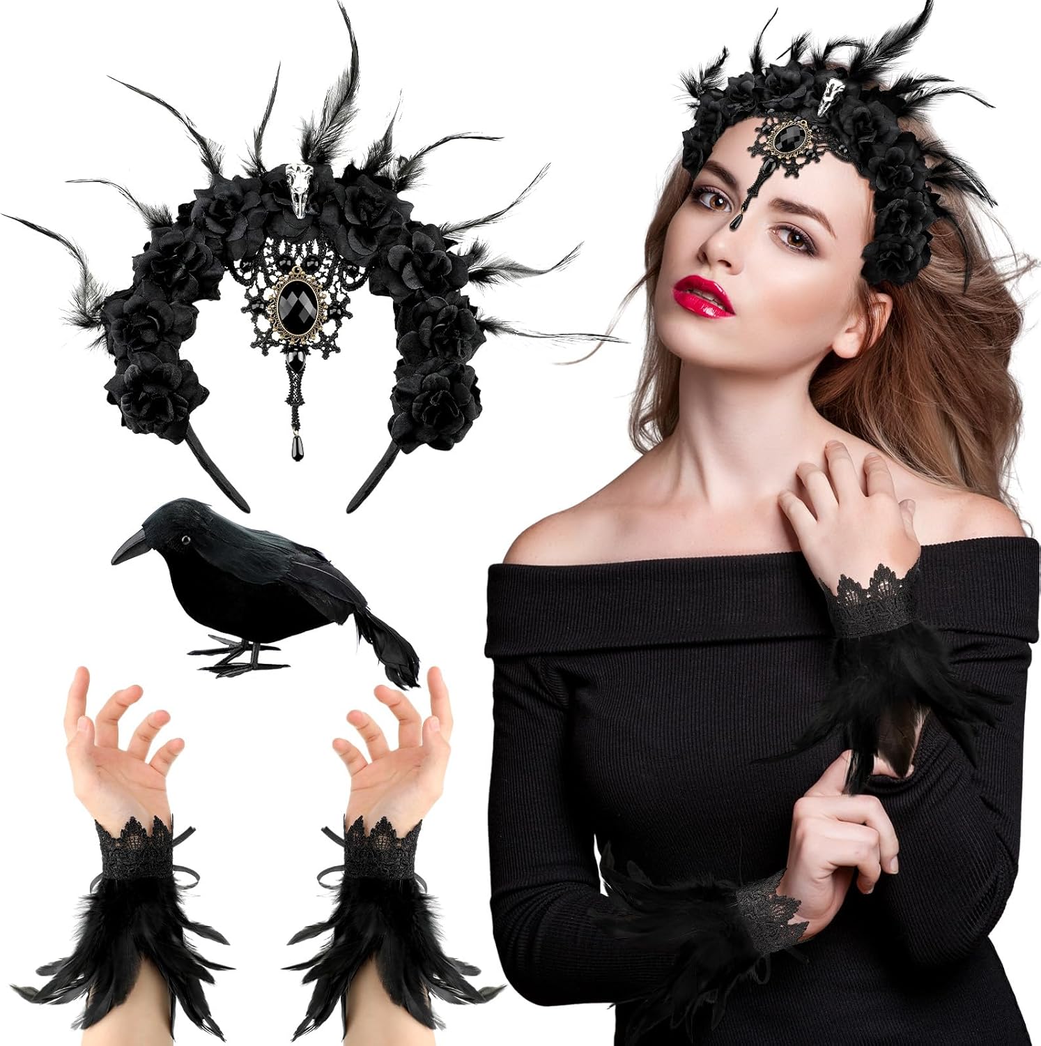 4 Pcs Gothic Crows Costumes Accessories Set for Women Black Feather Headpiece Mistress Crown Rose Headband Nature Feather Lace Cuffs Gloves Black Realistic Crow for Halloween Witch Costume