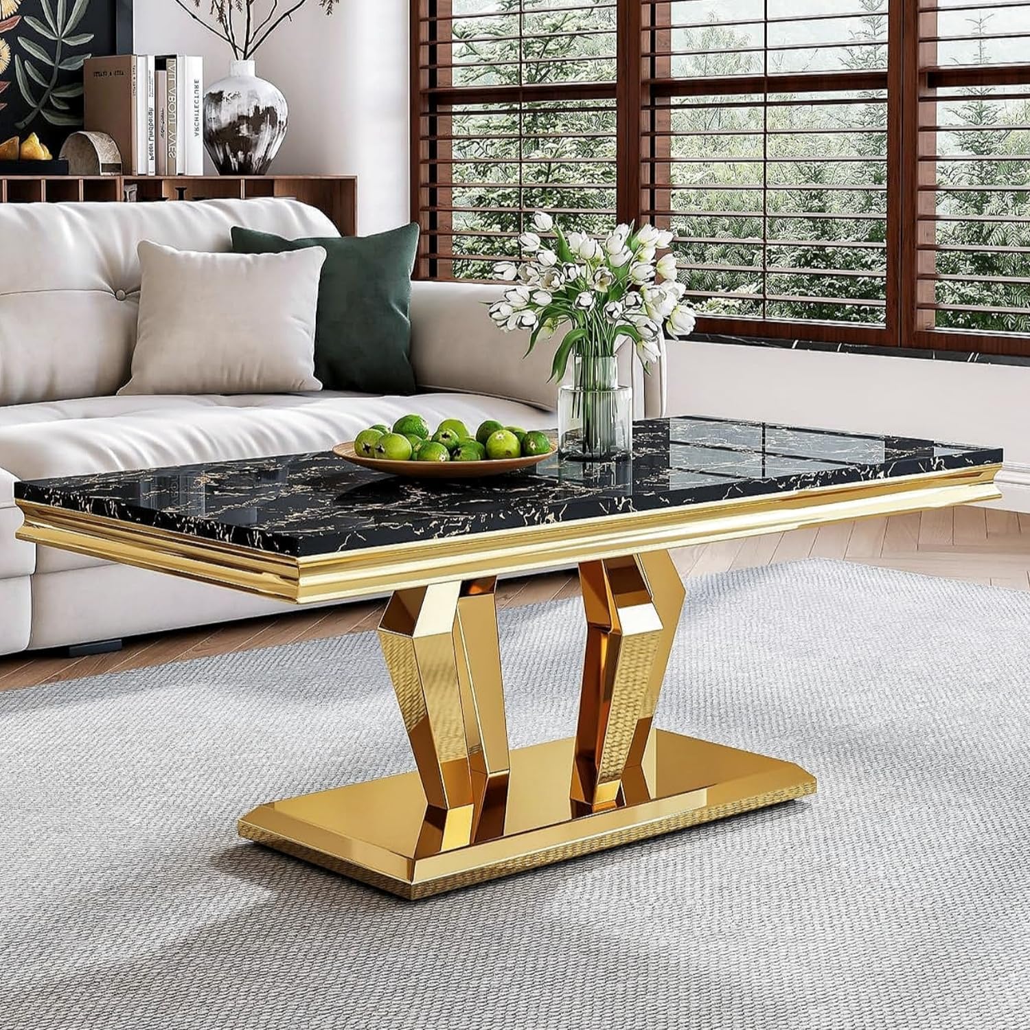 AF ARTISAN FURNITURE Marble Coffee Table, 47" Faux Marble Rectangular Cocktail Tables with Mirrored Finish Diamond-Shape Stainless Steel Base, Central Tea Table for Living Room Office, Gold&Black