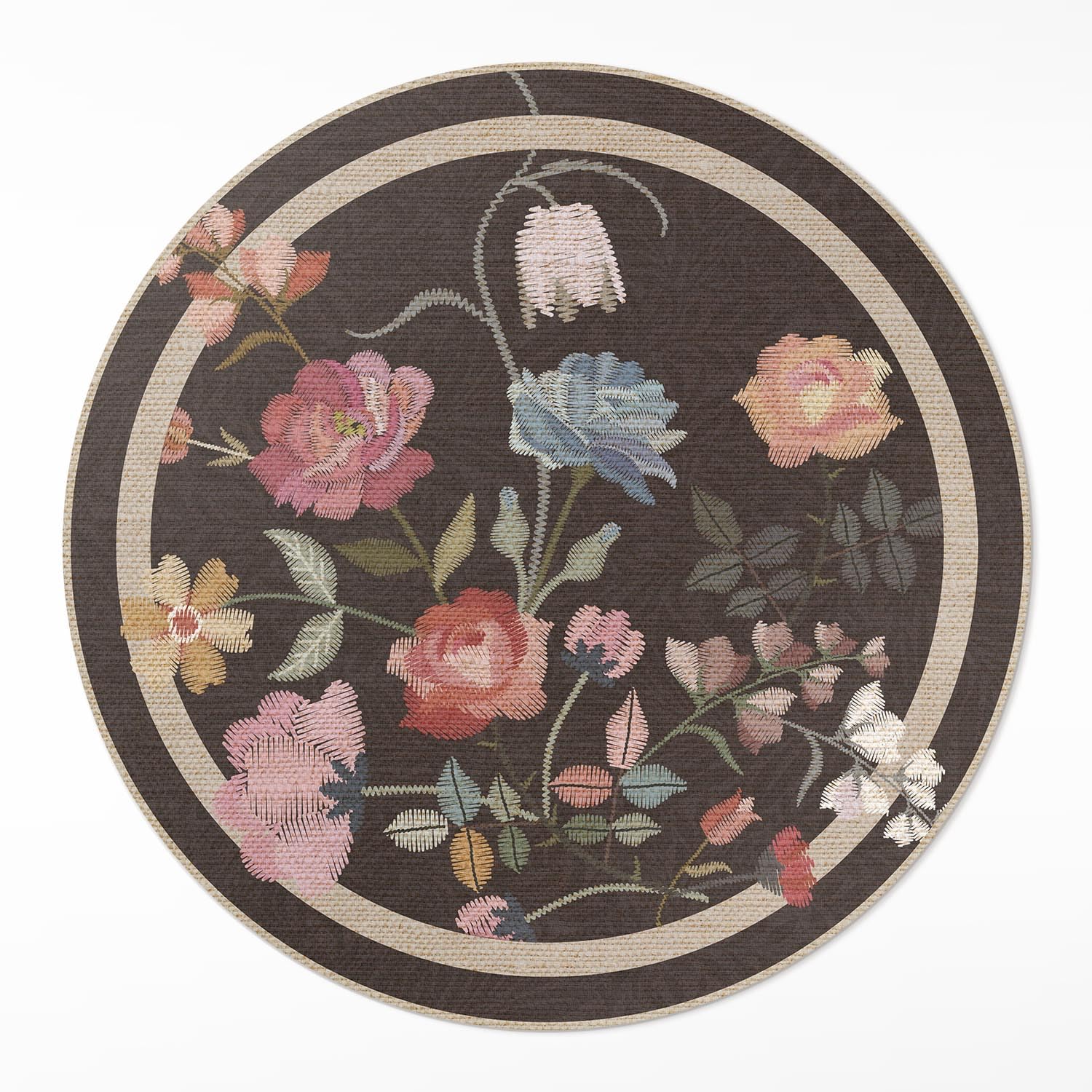 Tapis vinyle fleurs broderie ø120 cm résistant à la rayure et imperméable