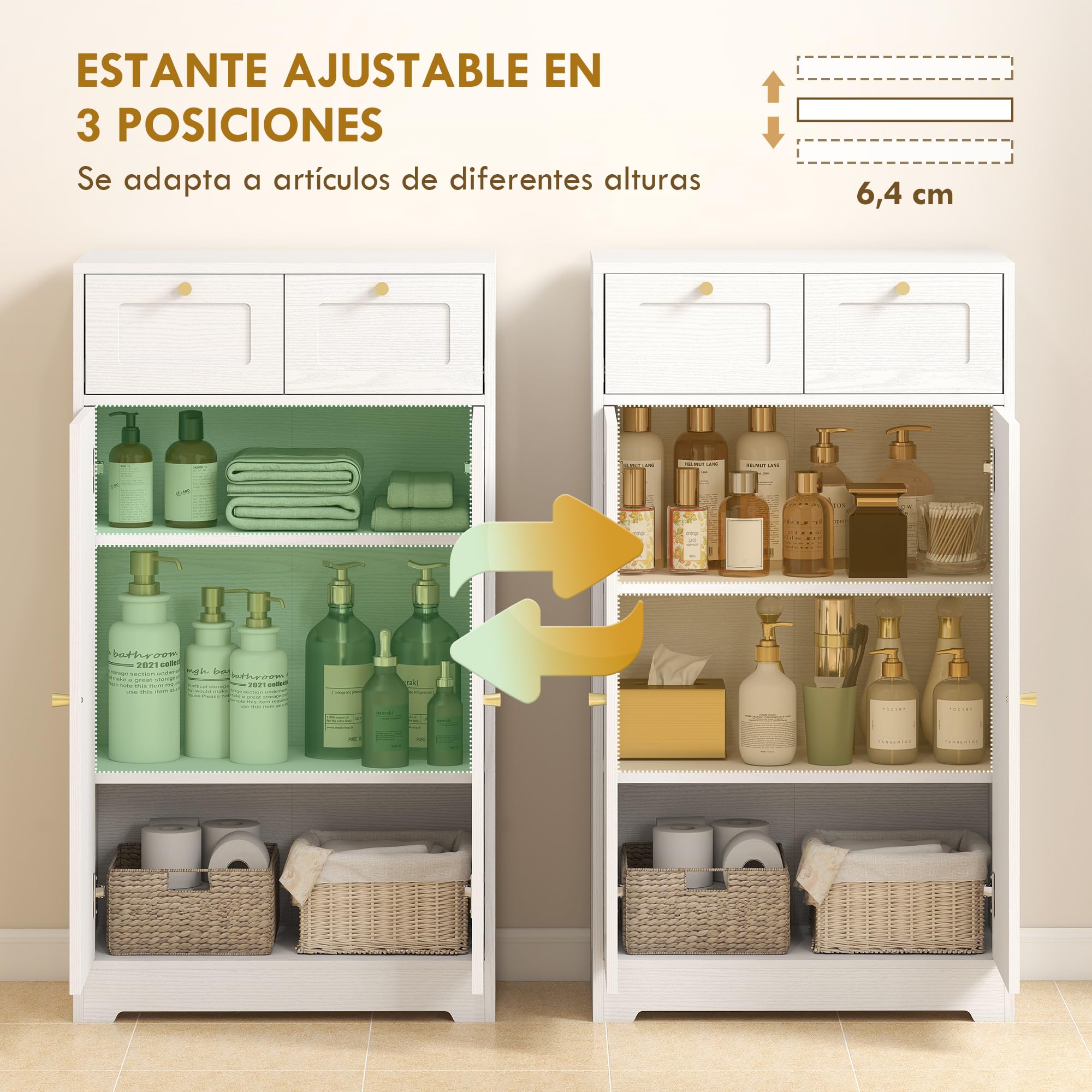 HOMCOM Armario de Baño Estrecho con 2 Cajones 60x30x108 cm Blanco Veteado | Mueble Auxiliar de Baño, Estante Abierto, Puerta con Panel Arqueado, Estilo Moderno, para Espacios Pequeños