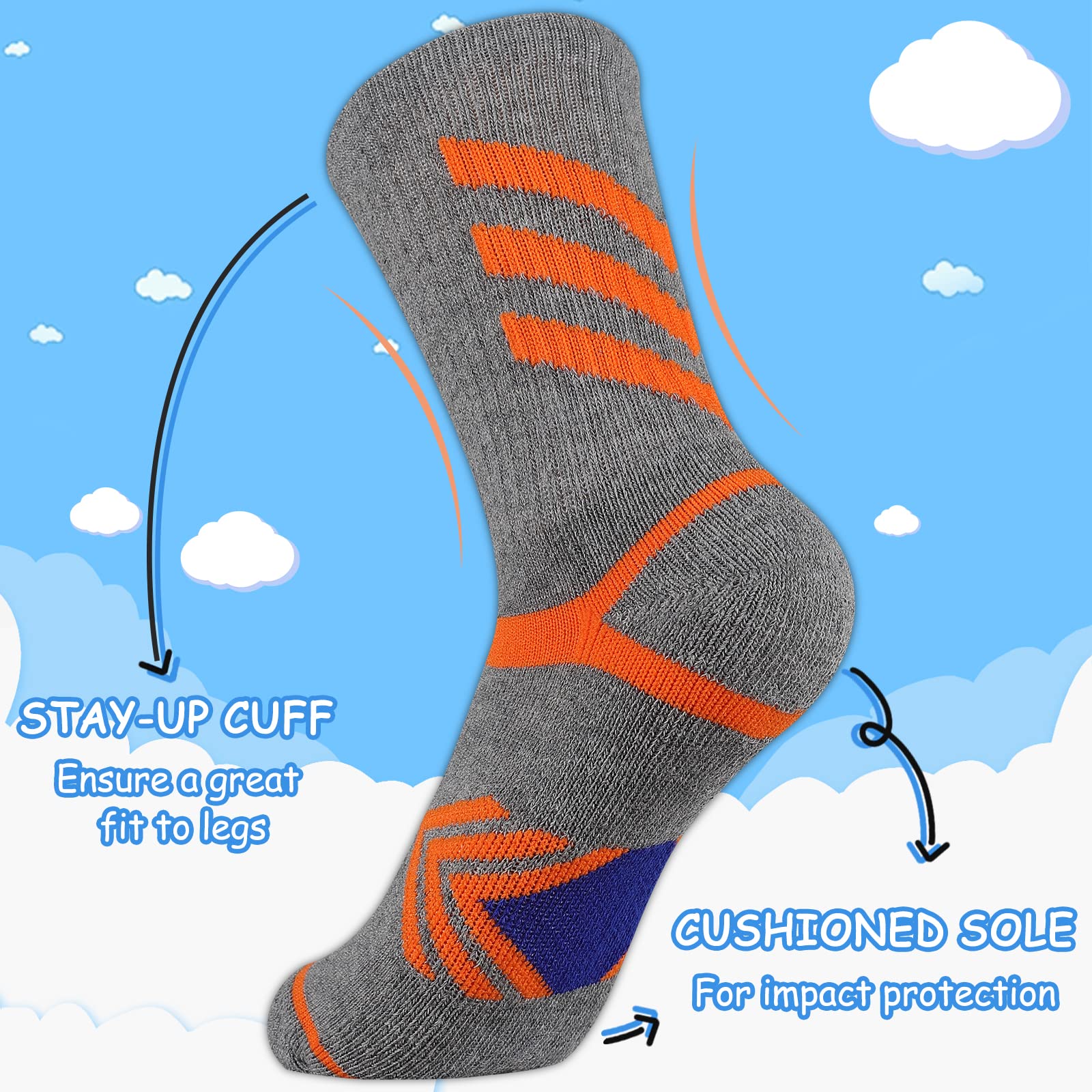 Comfoex Calcetines deportivos largos de algodón para niños, medio acolchado, 6 pares