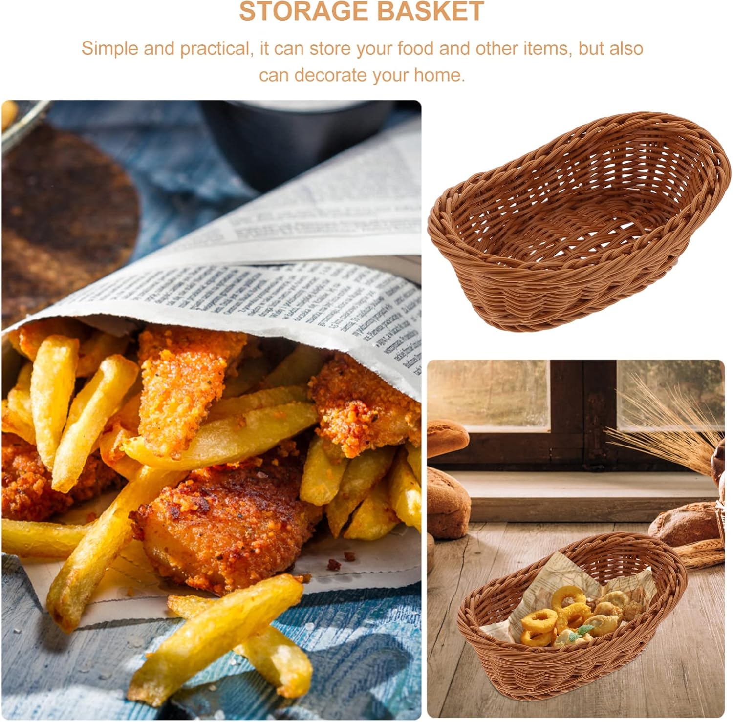 Luxshiny 2-pack Imitation Rattan Woven Baskets 7.48 X 5.11 X 2.95 in Plastic Storage Baskets for Bread Fruit Vegetables Snacks Kitchen Serving Bakery Office Tabletop Organization