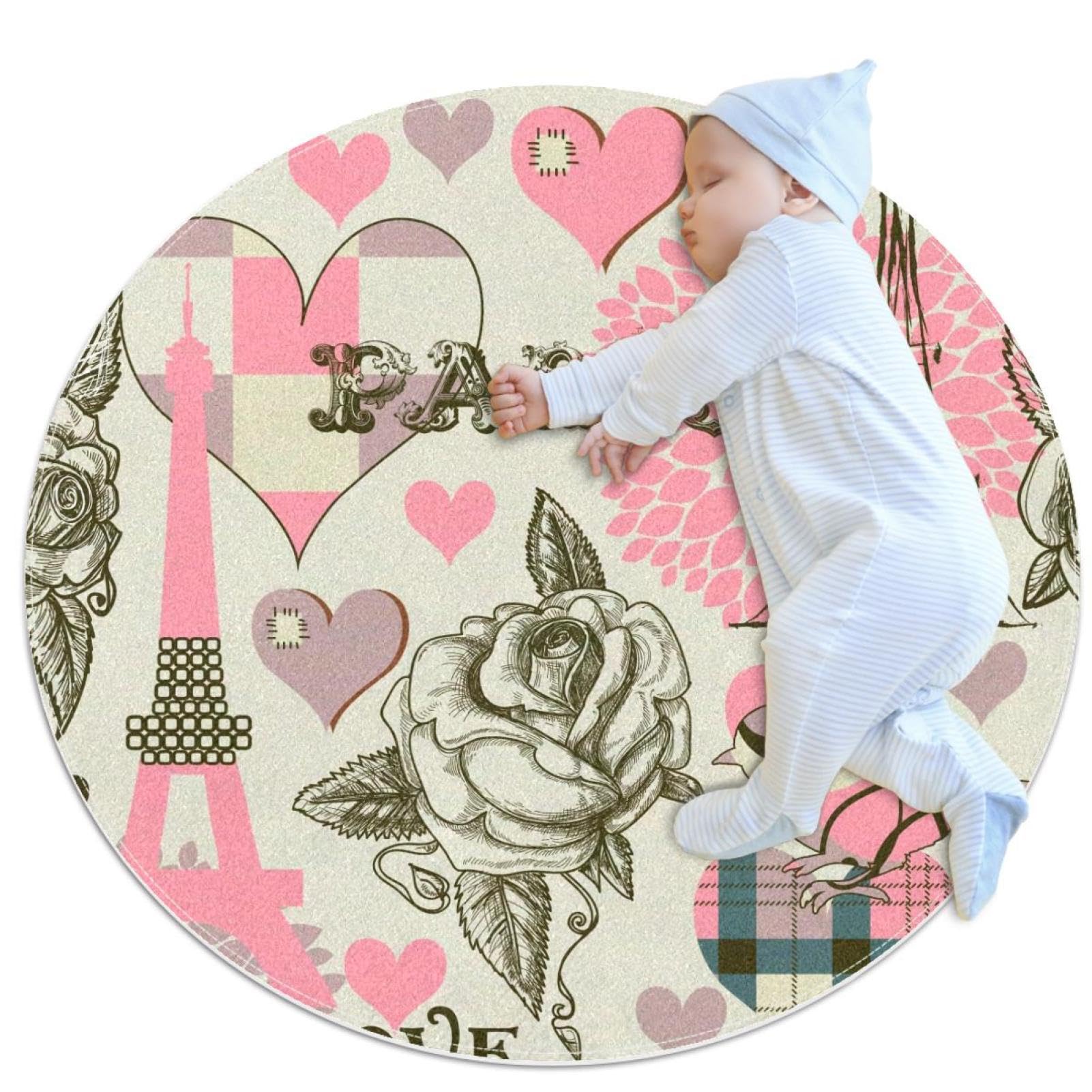 Tapis de salle de bain rose tour de Eiffel antidérapant rond 100 cm chambre fille
