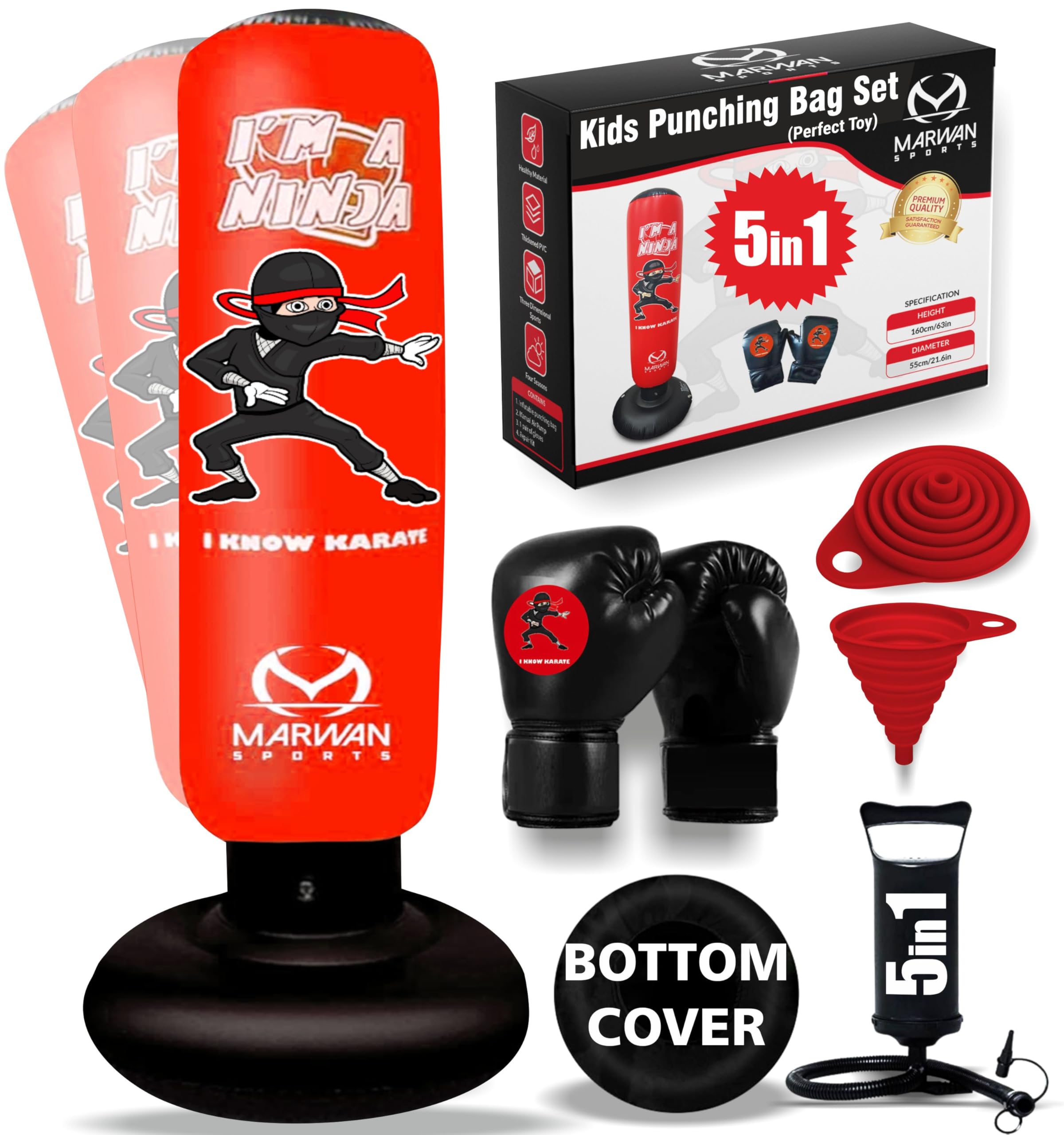 Marwan Sports 63" Inflatable Punching Bag Set: 5-in-1 Karate & Boxing Trainer for Kids