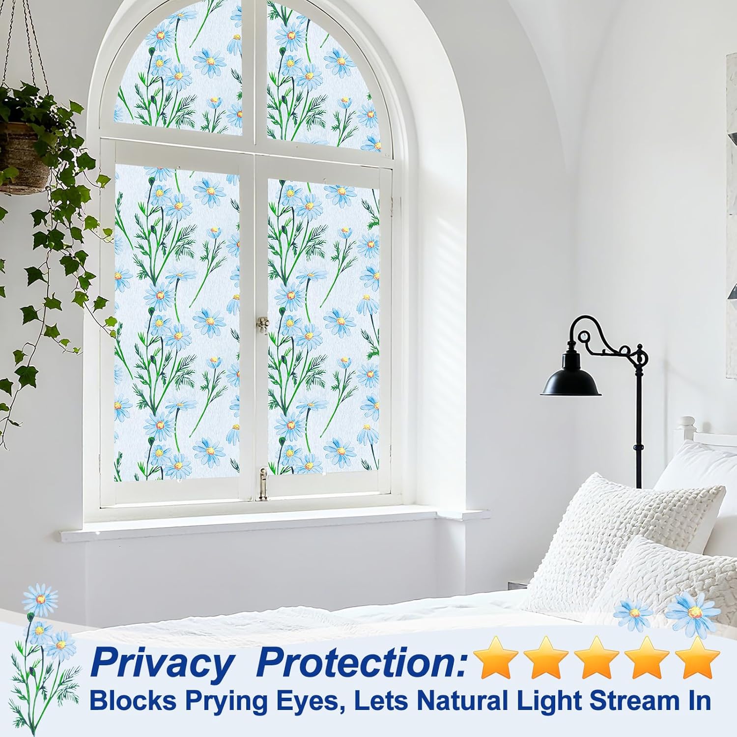 Countewol Frosted Static Cling Window Film Stained Glass Privacy Film with Daisy Pattern Anti-Glare UV Protection Removable Decorative Window Clings for Home/Bathroom (Daisy Textured, 45.2 x 78.7 in)