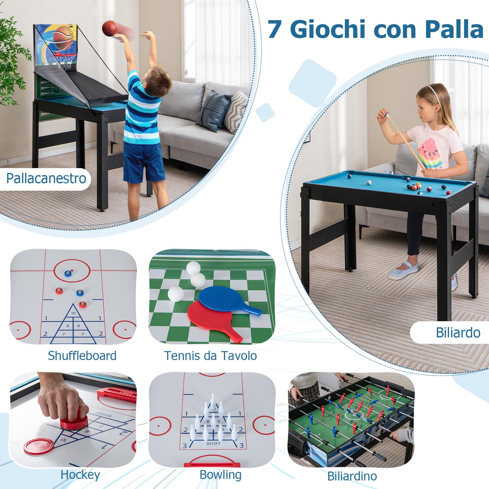 GYMAX Tavolo da Gioco 14-in-1, Combo Tavolo da Gioco con Basket, Biliardo, Calcetto, Ping Pong, Hockey, Shuffleboard, Bowling, Scacchi, Dama, Backgammon, Tris per Feste, Sala Giochi