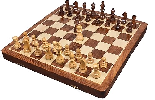 Tablero de ajedrez con incrustaciones de madera de palisandro dorado y arce de 20 pulgadas para viajes