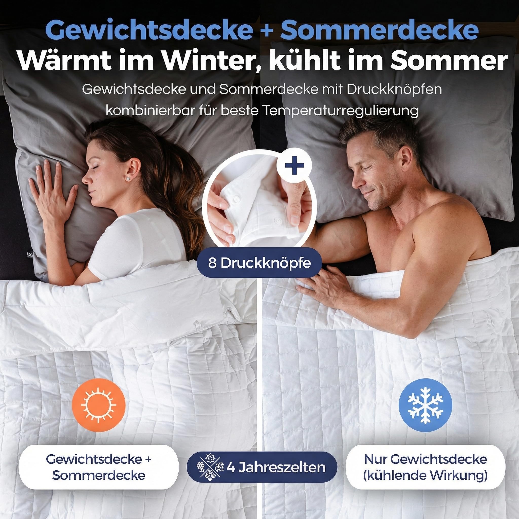 2-in-1 Gewichtsdecke 155x220 cm 8kg Zusammenknöpfen von Schwerer Decke + Sommerdecke durch Druckknöpfe - 100% Oeko-Tex Zertifiziert - Heavy Weighted Blanket - Schwere Decke zum Schlafen