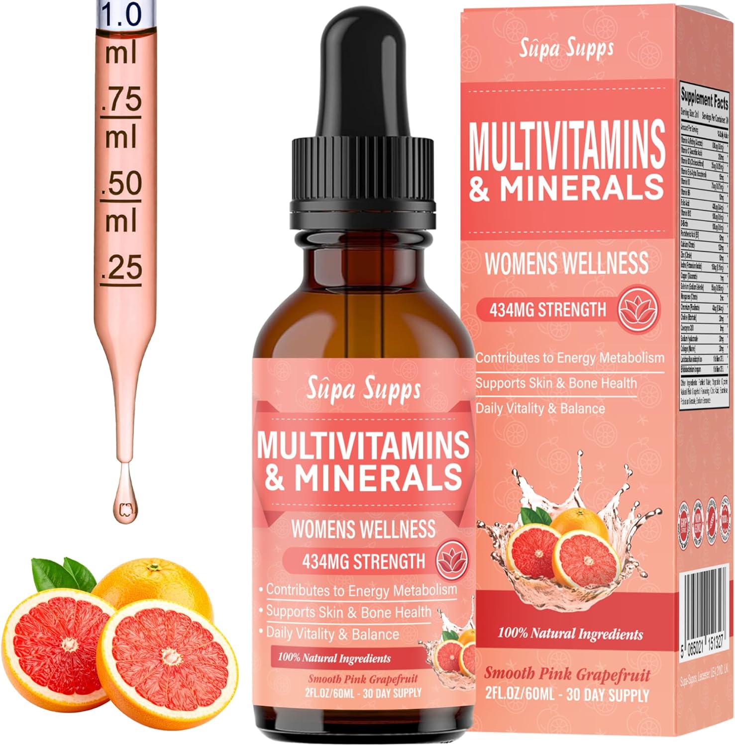 Multivitamins & Minerals for Women 30 Plus – Daily Vitamins A C D E K B Complex, Iron & Zinc – Smooth Pink Grapefruit Flavour – Liquid Multivitamin for Women – Alternative to Tablets & Gummies – 60ml