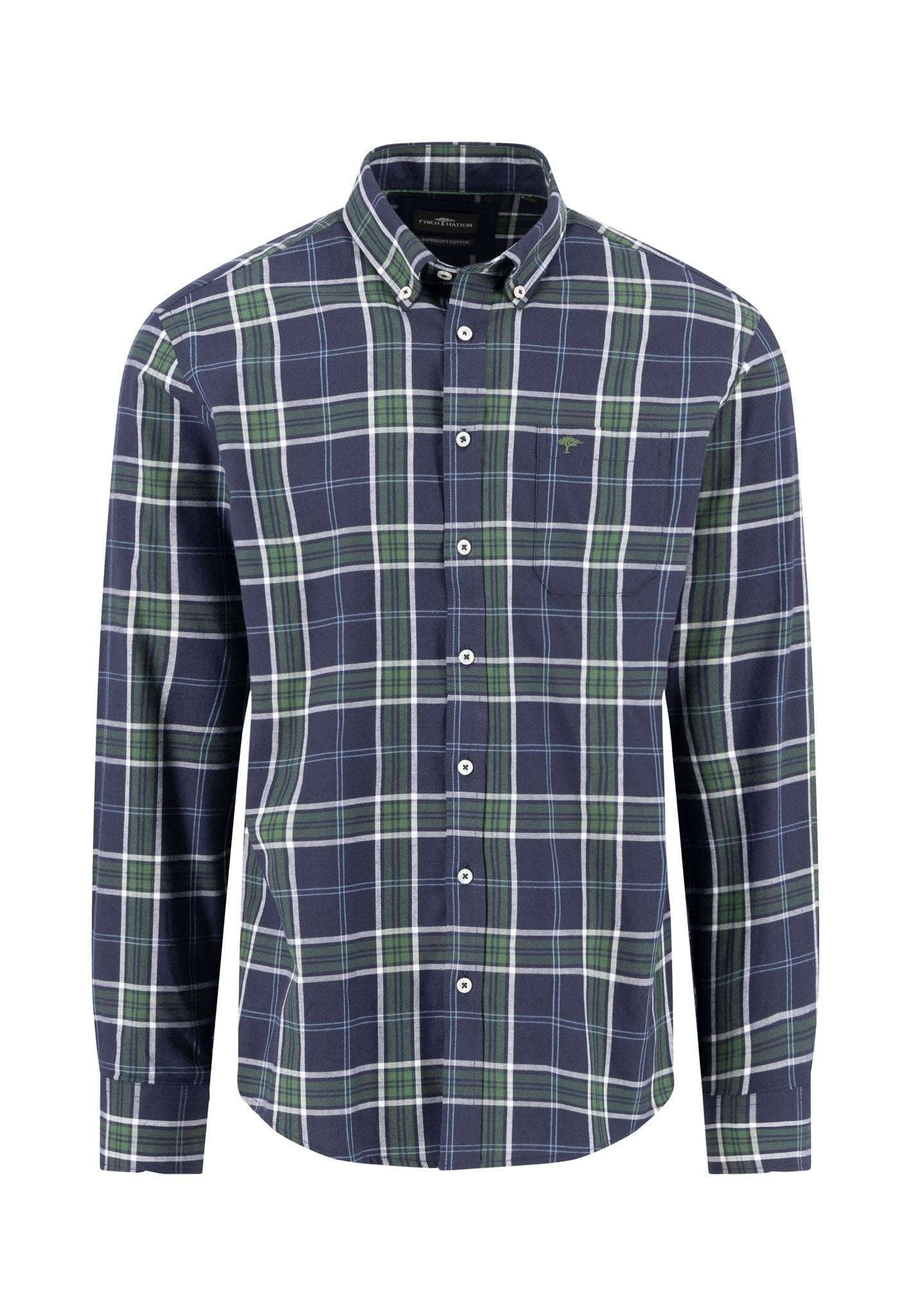 Fynch-Hatton Men's Navy Green/Blue Check Cotton Shirt With Button Down Collar, 3XL