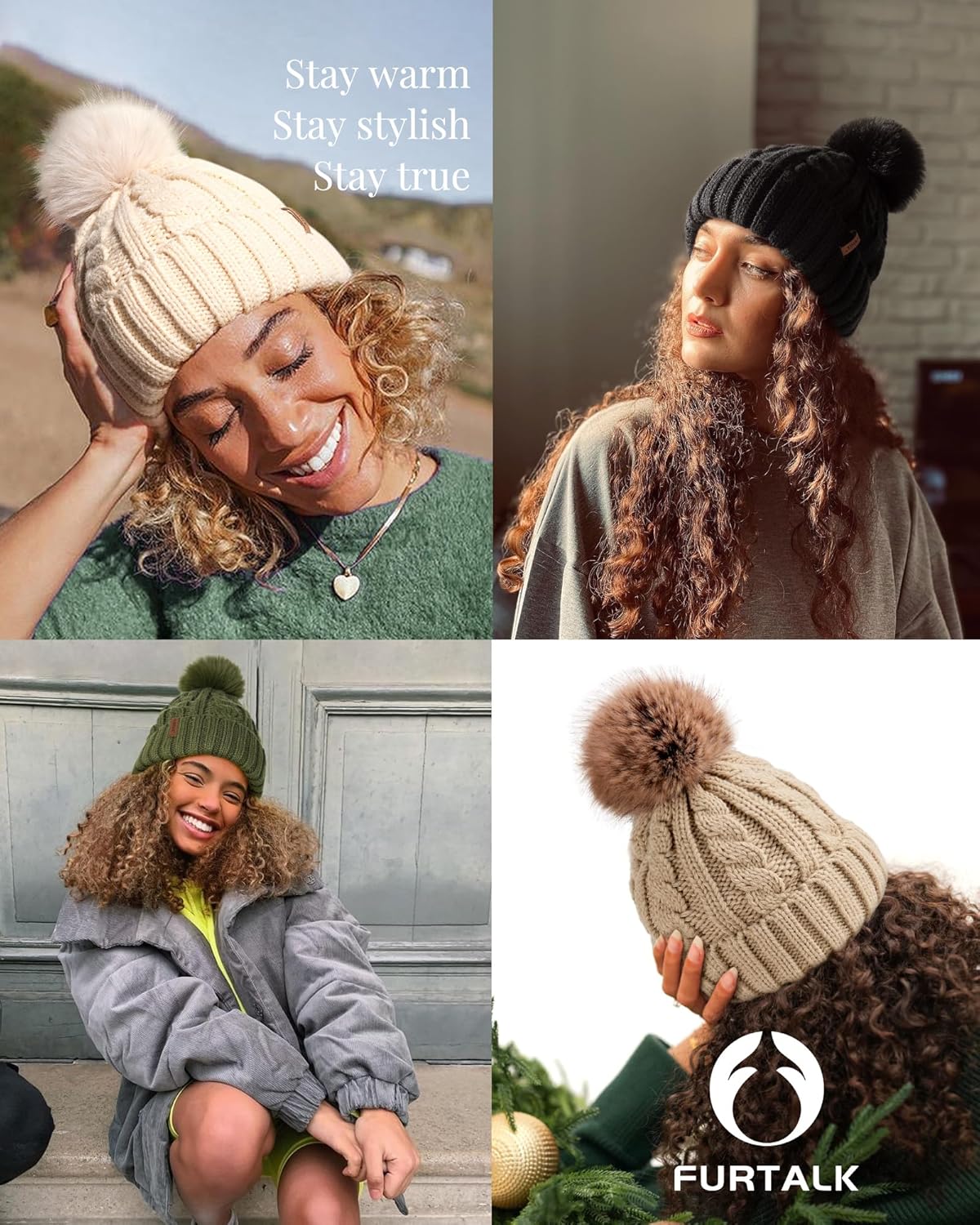 FURTALK Satin Lined Winter Hats for Women Men Knit Beanie Hat Warm Pom Pom Cap - Image 5