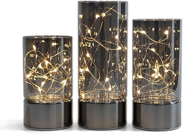 Rhytsing Set of 3 Glass Cylinder Lanterns LED Table Lamp with Fairy Lights, Battery Operated Candles with Timer Function
