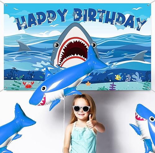 Miniatura 3 de Cartel de fondo de decoración de fiesta de tiburón, decoraciones de cumpleaños de tiburón, fondo de fotografía de zona de tiburones para niños y