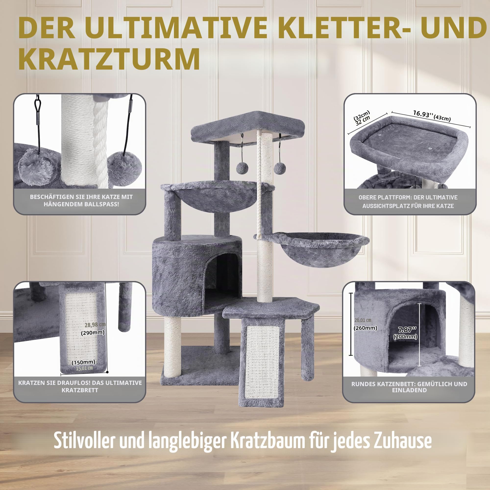 TWDEPART Kratzbaum für Katzen mit Aktivitätscenter, 95cm Kletterbaum Katzenspielzeug mit Spielzeugkugeln, Grau