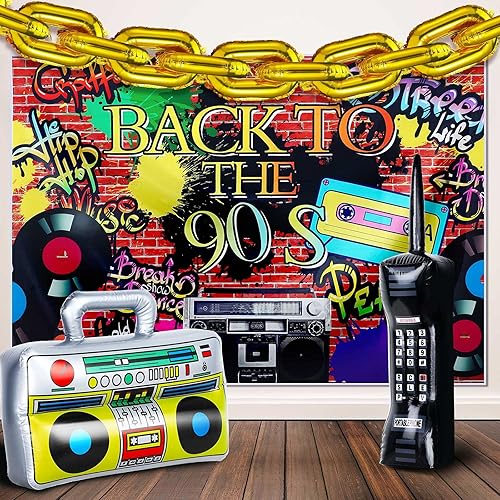 27 piezas de decoraciones de fiesta temática de discoteca de los años 80 y 90, incluye radio, fondo inflable Boombox, teléfono móvil inflable y