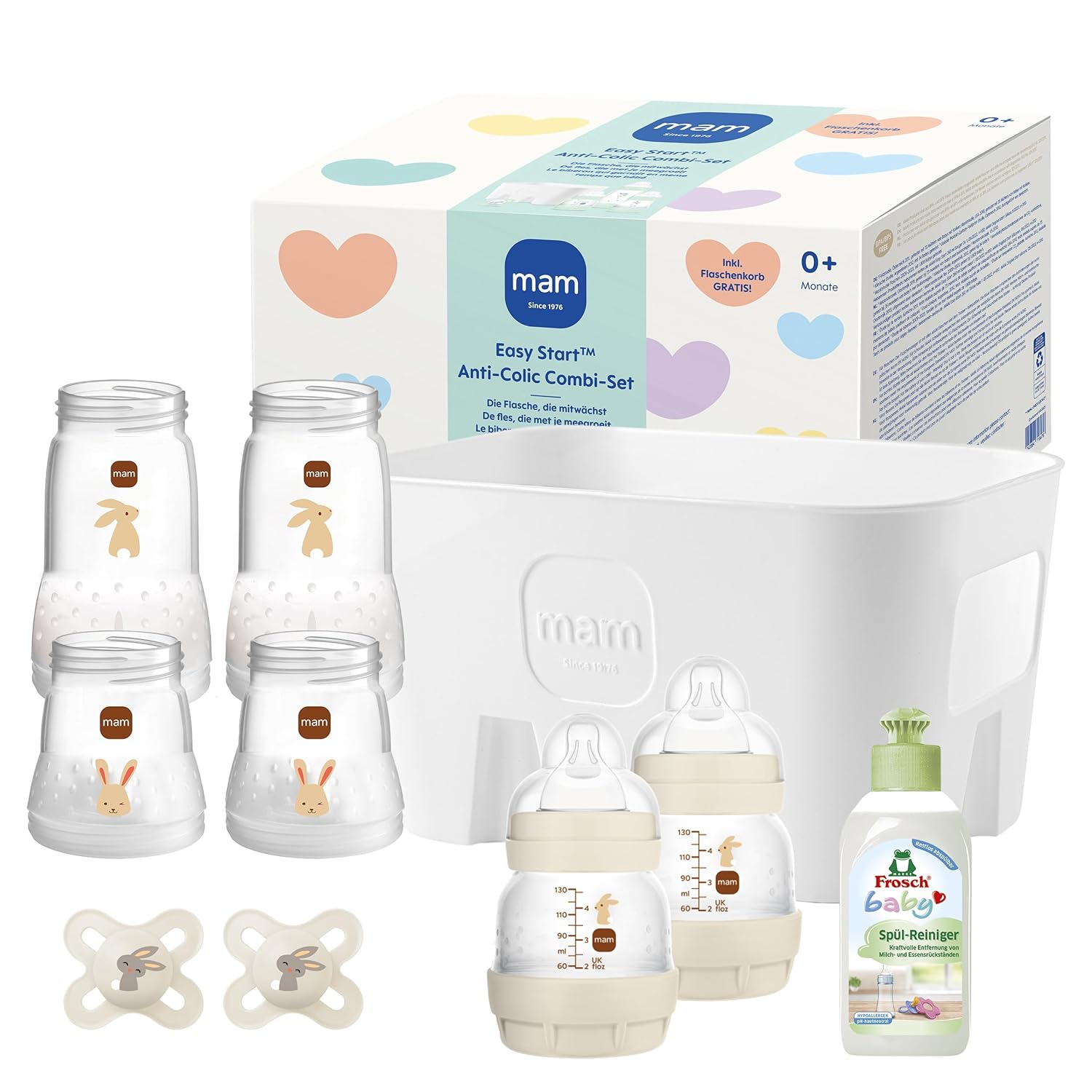 MAM Easy Start Anti-Colic Newborn Set, 0+ Mon, Baby Gift Set, Less Colic, 94% Acceptance, 96% Midwife Recommendation, 6 Baby Bottles & 2 Original Start Dummies & Bottle Basket, Beige
