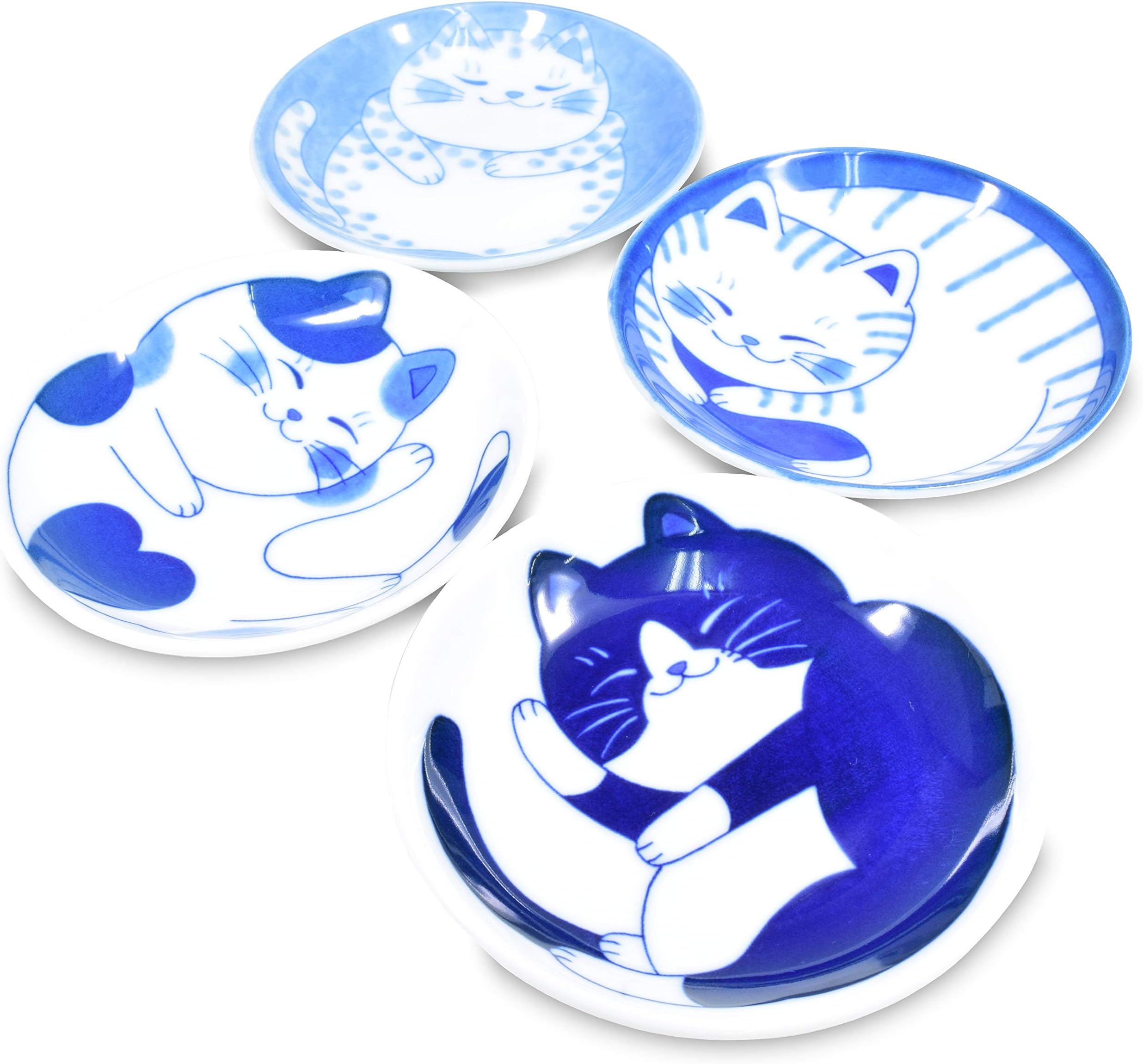 Product of Gifu Japan Mino Ware Japanese Mini Side Condiment Plate, Sushi Soy Sauce Fruit Cake, NEKOCHIGURA Cat Design, 3.9 inch, 4 Pattern Set