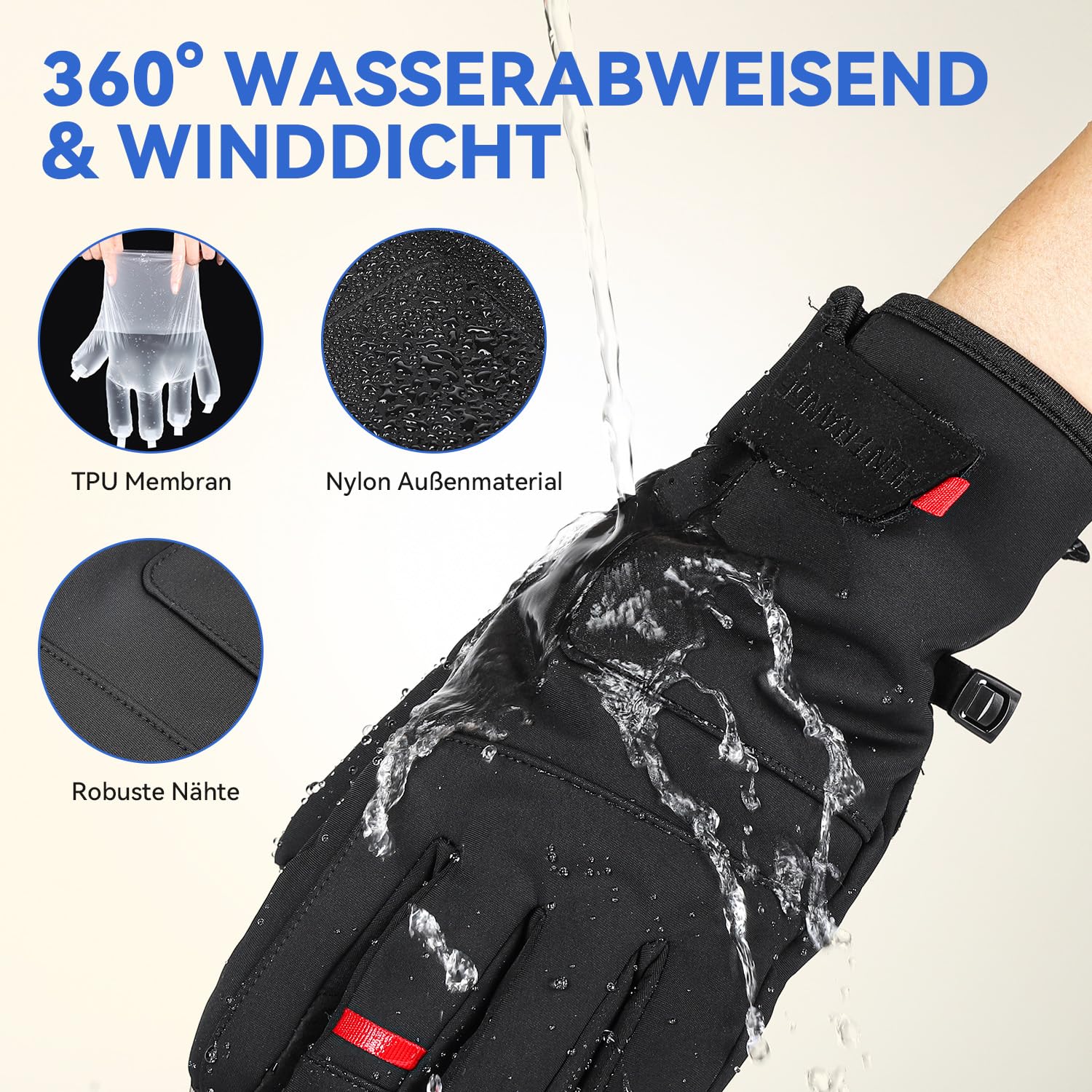 Gants Hiver Homme Femme, Gants de Vélo étanches avec Support pour écran Tactile, Gants Thermiques pour la Course à Pied, le Ski et la Conduite Automobile