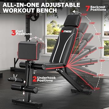 Weight Bench Foldable, Adjustable Bench press with Leg Extension, Preacher Pad, Extended Headrest, Gym Bench for Home Gym 800lbs Full Body Workouts Strength Training
