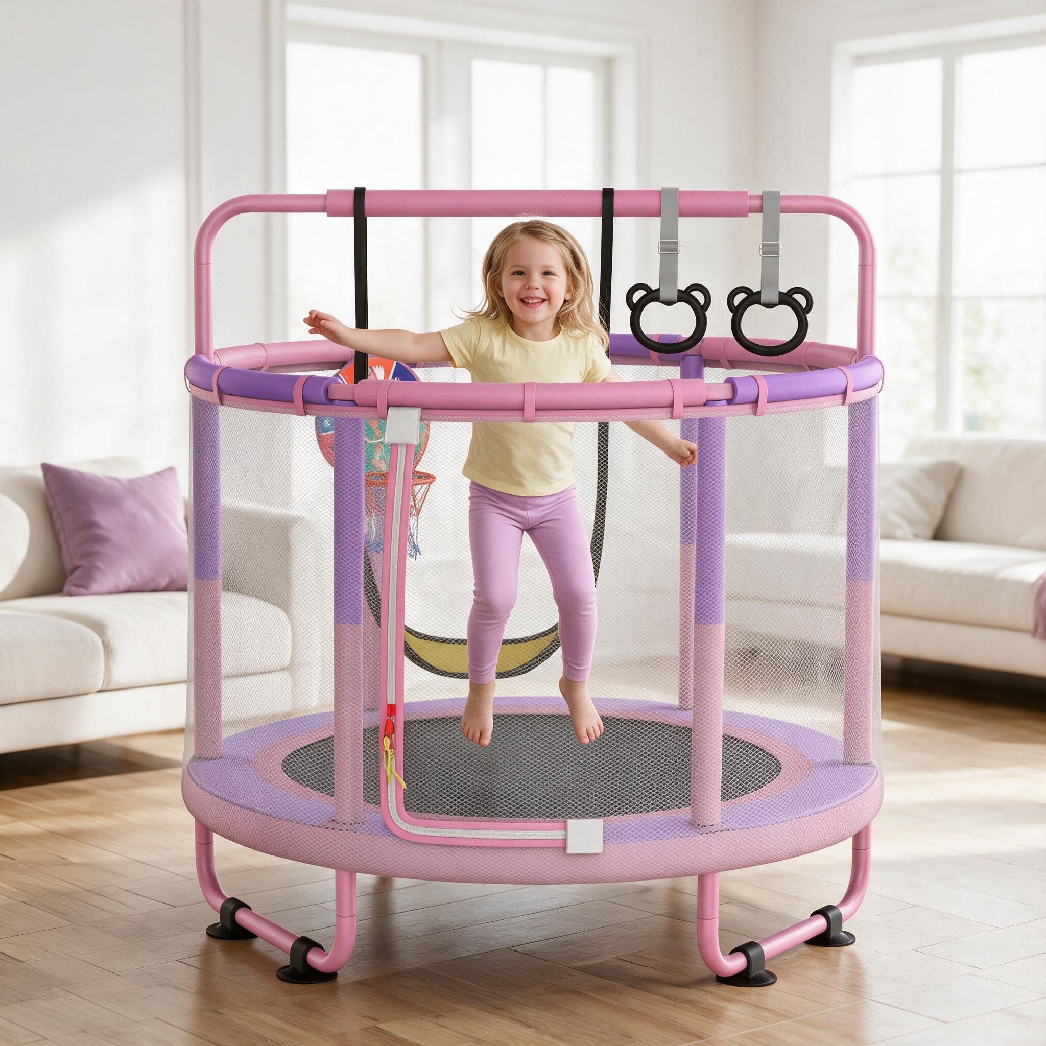 CZCPAPY Trampolino per Bambini, Trampolino per Bambini da Esterno, per Interni ed Esterni, con Rete di Sicurezza, Cestino, Pali, Altalene, Regalo per Bambini (rosa-viola)