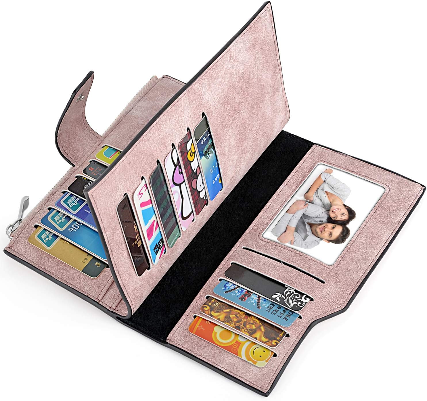 UTO RFID Wallet for Women PU Matte Leather Card Holder Organizer Zipper Coin Purse with Snap Closure Pink - Image 4