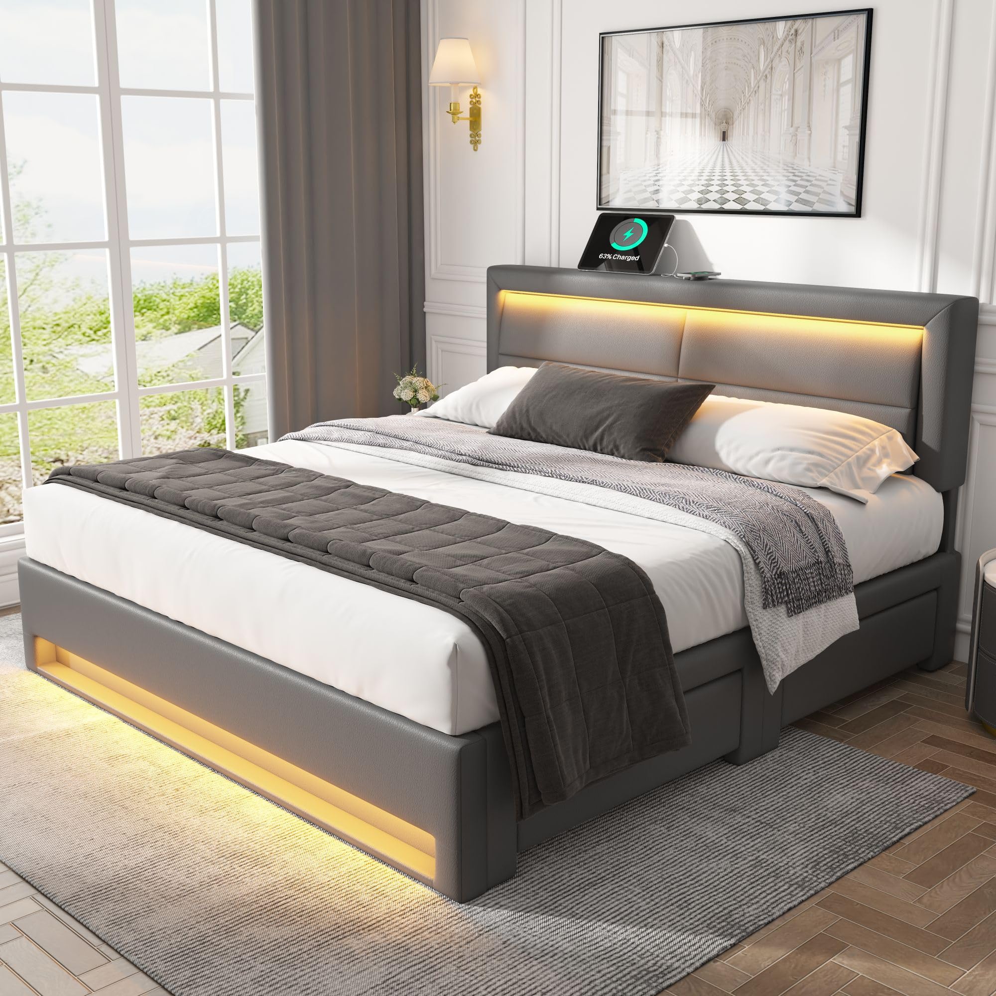 Letto Matrimoniale con Contenitore 140x190 cm con LED e USB (Supportato Senza Fili), Letto una piazza e mezza con 4 Cassetti e Testiera, Letto Contenitore con rete a doghe, Struttura Letto -Nero