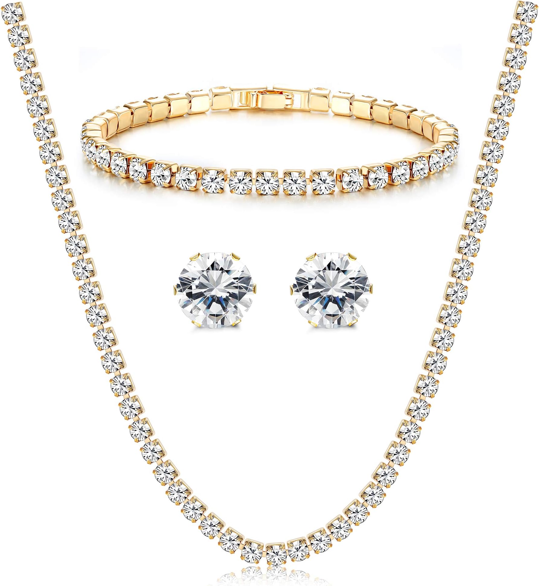 Necklace/Earrings/Bracelet Set for Women Ladies, 18K Gold Plated CZ Hypoallergenic Jewelry Pack of 3