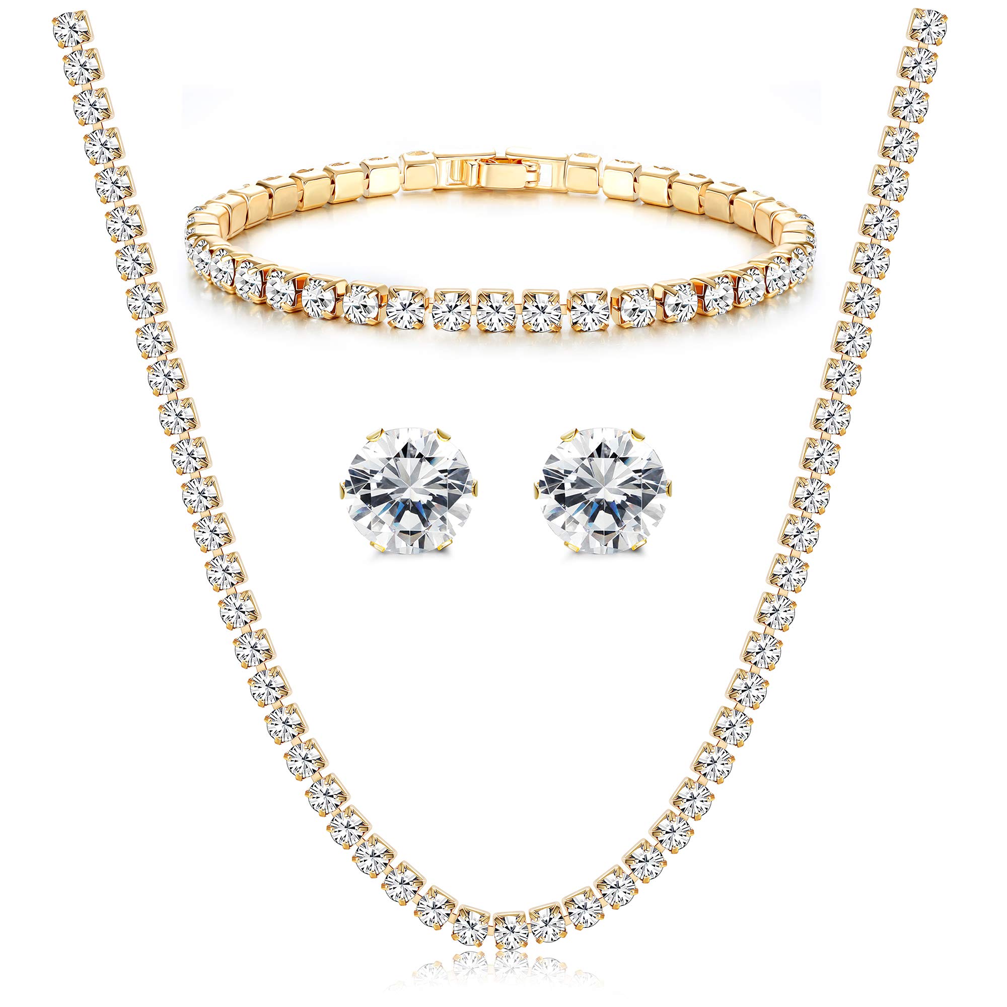 Necklace/Earrings/Bracelet Set for Women Ladies, 18K Gold Plated CZ Hypoallergenic Jewelry Pack of 3