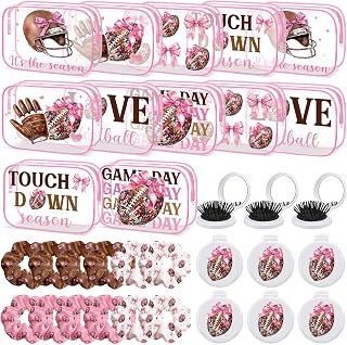 36 Pcs Pink Football Gifts for Women Coach Team Party | 12 Game Day Football Bow Makeup Cosmetic Bag, 12 Hair Scrunchies, 12 Round Portable Folding Brush Mirror, Sport Team Gifts