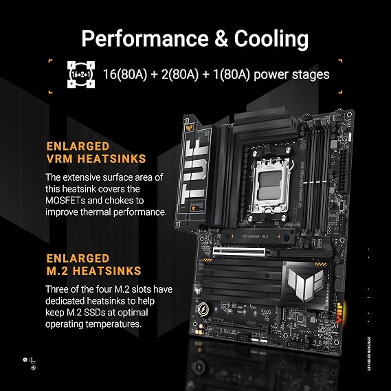 ASUS TUF Gaming X870-PLUS WiFi AMD AM5 X870 ATX Motherboard, 16+2+1, 80A SPS Power Stages, DDR5, PCIe 5.0 Ready, Four M.2 Slots, Wi-Fi 7, 2.5Gb LAN, HDMI, USB4 40Gbps, SATA 6 Gbps, USB 20Gbps Type-C