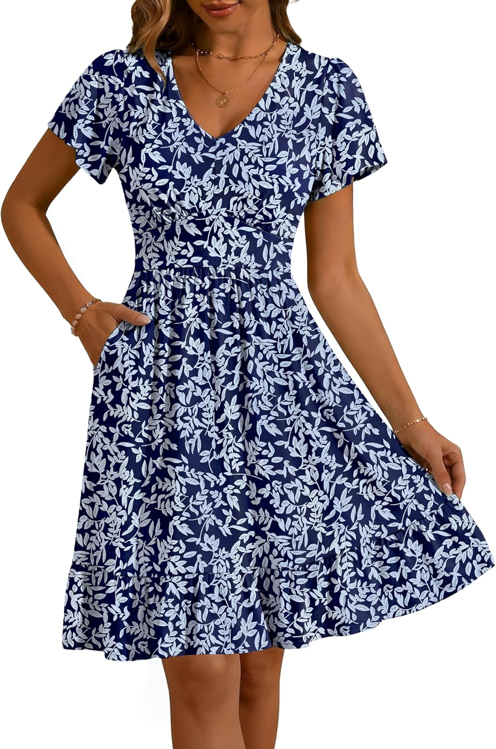 Kranda Women 2026 Summer V-Neck Casual Beach Sundress Empire Waist Short Flutter Sleeve Ruffle Floral Midi Dress with Pockets