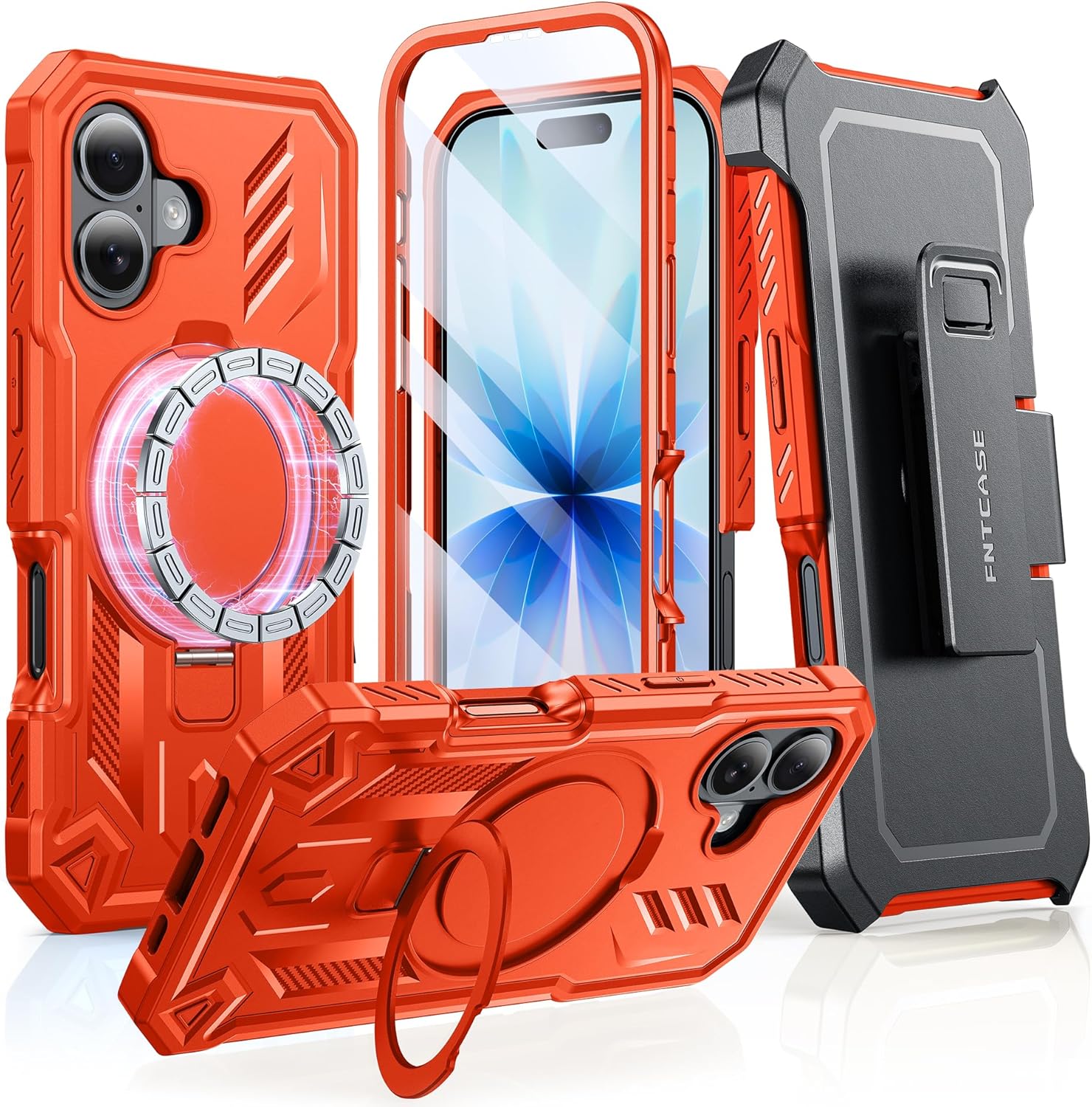 FNTCASE for iPhone 17 Phone Case: Magnetic Stand Case with Built-in Screen Protector & Belt-Clip Holster Ring Kickstand Military Grade Shockproof Protective Rugged Cell Phone Cover – 6.3 Inch(Orange)