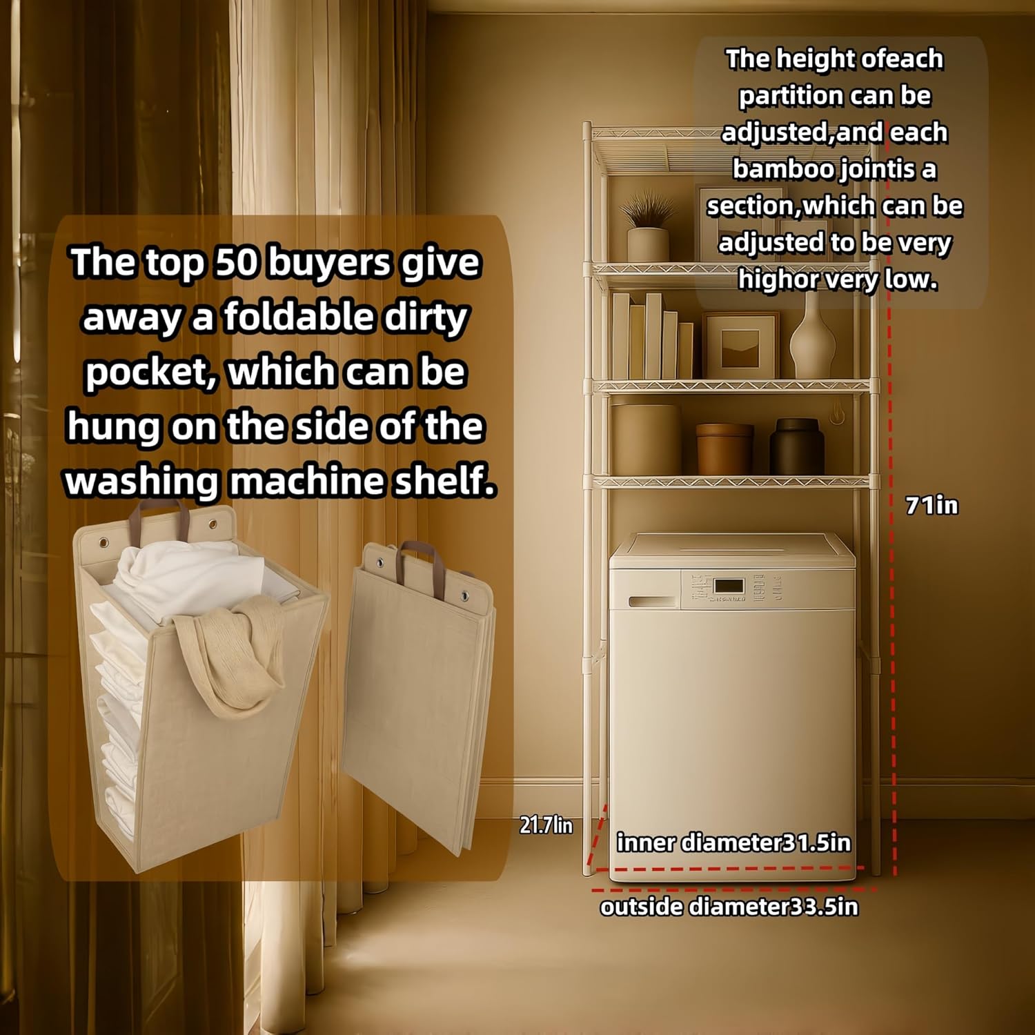 Washer, Dryer and Refrigerator Top Shelf - Extra-Wide Design, Thickened Structure, Washing Machine Rack,Height-Adjustable, Laundry Room Shelves Organizer，Over Dryer Storage(White)