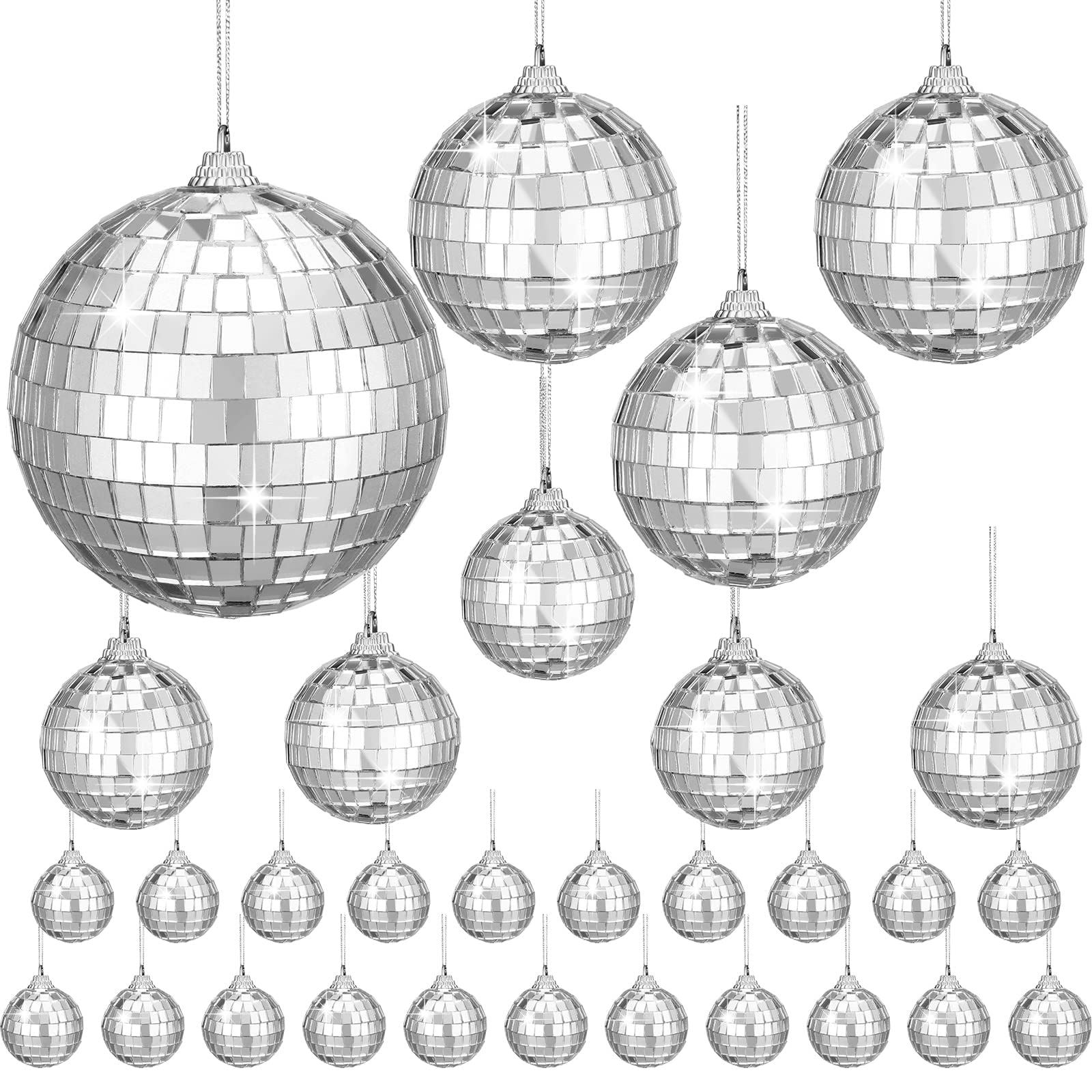 HyDren 30 Pcs Mini Disco Ball Hanging Mirror Reflective Disco Ball Ornaments Decorations for Wedding Party Cake Decor(3.15/2.36/1.57/0.79 Inches)