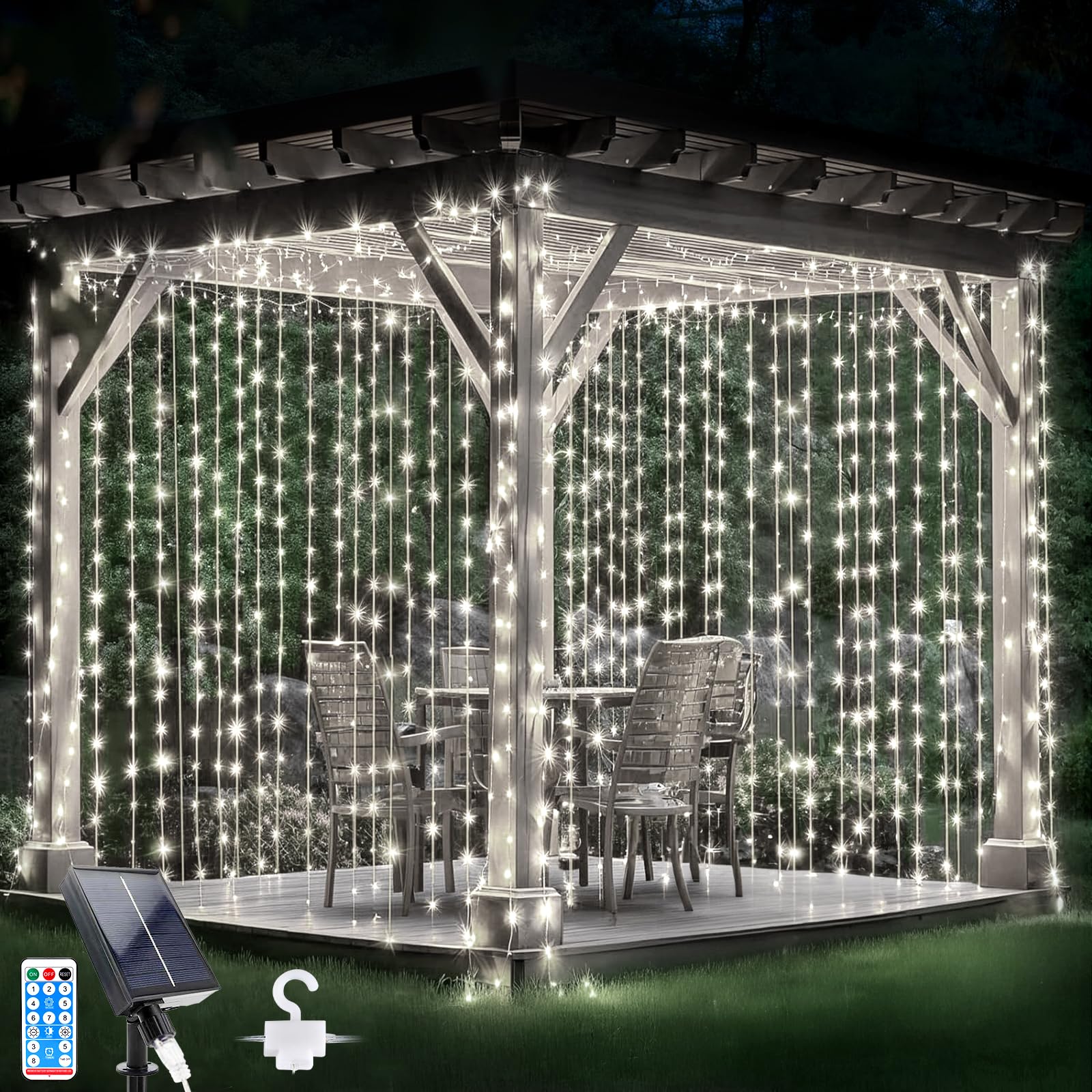 Cortina De Luces Solares Para Exteriores 300 LEDs, 3M x 3M Luces Navidad Exterior, 8 Modos, Control Remoto, Cortinas Brillantes Colgantes Para DíA San ValentíN, Habitacion, Jardín, Blanco