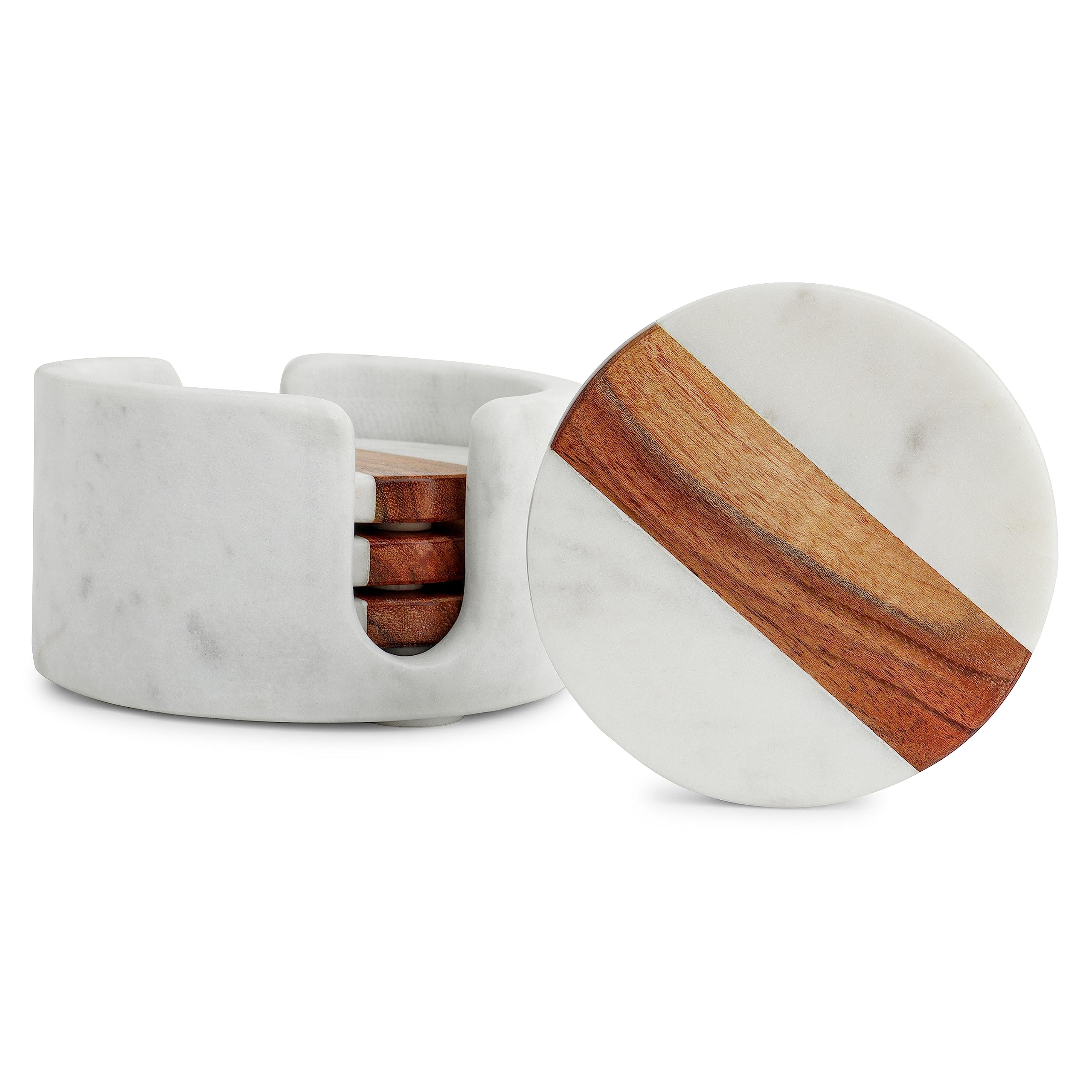 DREAMY WALLS Marble Coasters Set of 4 with Holder, Acacia Wood Inlay, Dining Table Coasters for Hot Pots Tea & Coffee Mugs Table Coasters Decorative Items for Home Decor