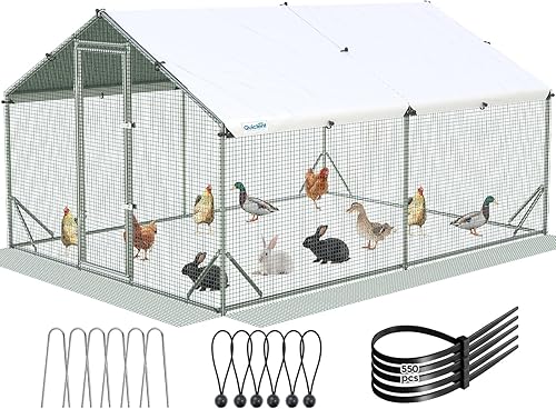 Quictent Gallinero grande de metal para más de 20 aves de corral con paño de hardware lateral y cubierta impermeable, serie avanzada para Plateado