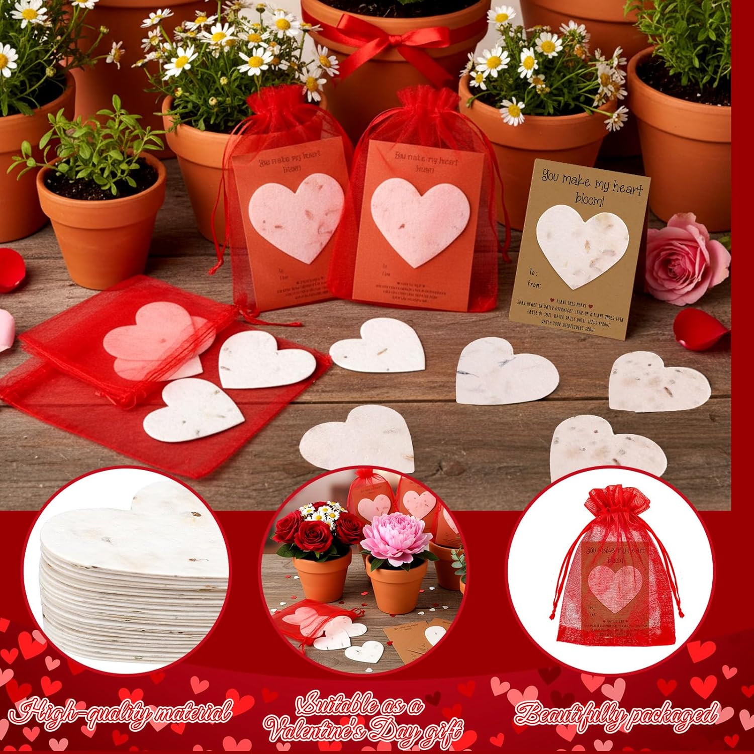 24 Pcs Valentine's Day Gifts Bulk Plantable Seed Paper Cards Heart Shape Seed Paper Valentines Heart Cards with Red Organza Bags for Galentine Valentines Exchange Gifts
