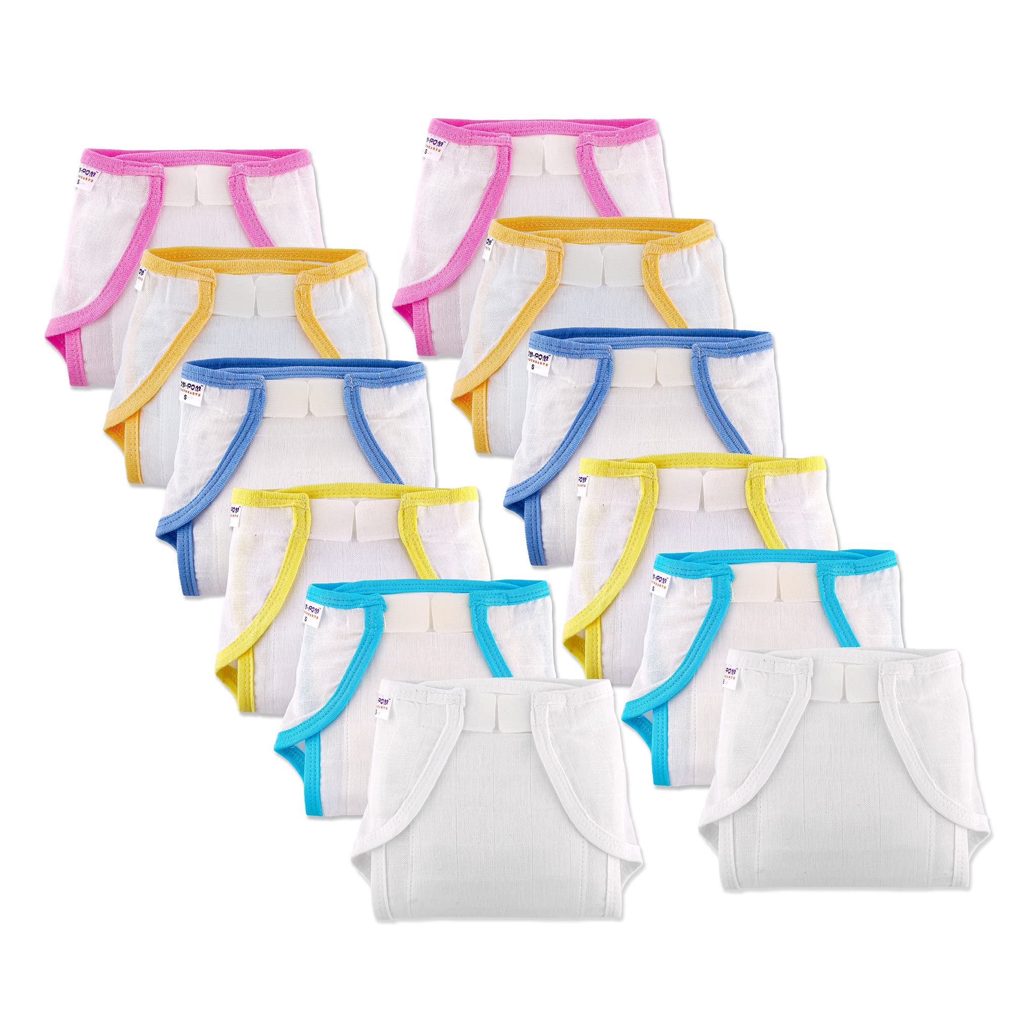 pom-pom SWEET HEARTS Welcro Nappy For Babies, Reusable, Washable Soft Muslin Cotton Nappy/Langot for New Born Baby | Gentle on Baby Skin | Helps in Potty Training | 6-9 months | Pack of 12 | WCP