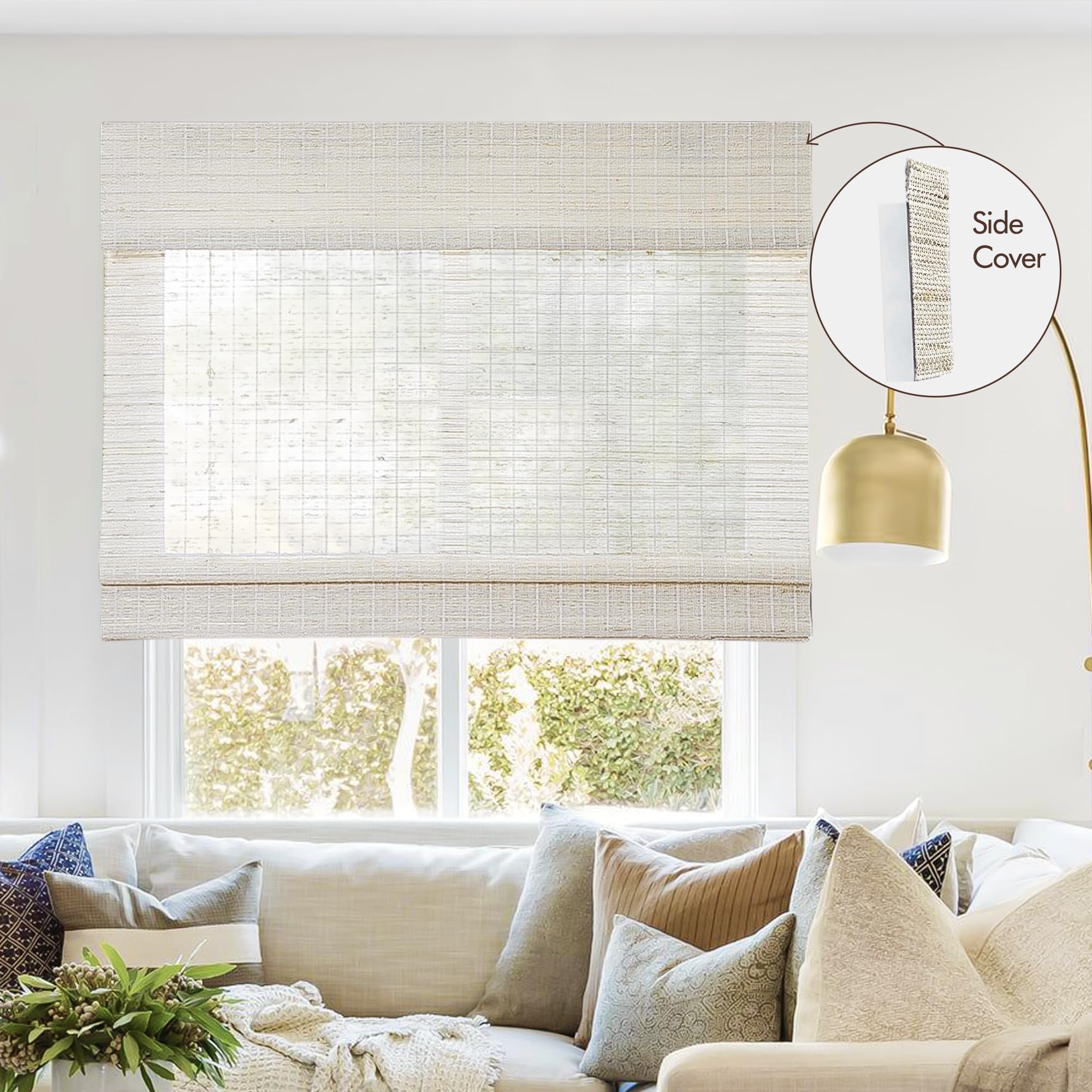 TWOPAGES Cordless Ramie Jute Woven Roman Shade for Windows, Custom Made Window Treatment Light Filtering Roman Shade for Patio, Roman Window Shade, Install Hardware Included, 1 Piece, Milk Tea