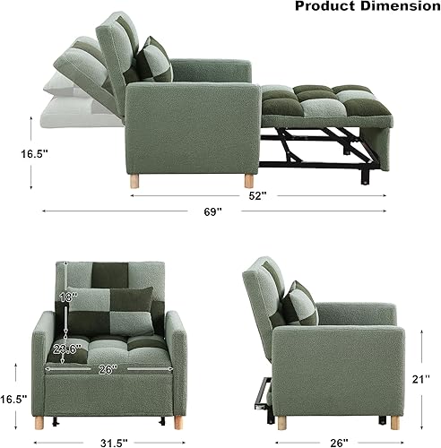 Miniatura 9 de Silla de cama convertible multifuncional, tela de peluche, ajustable, sofá cama extraíble individual con lumbar, para estudio, dormitorio,